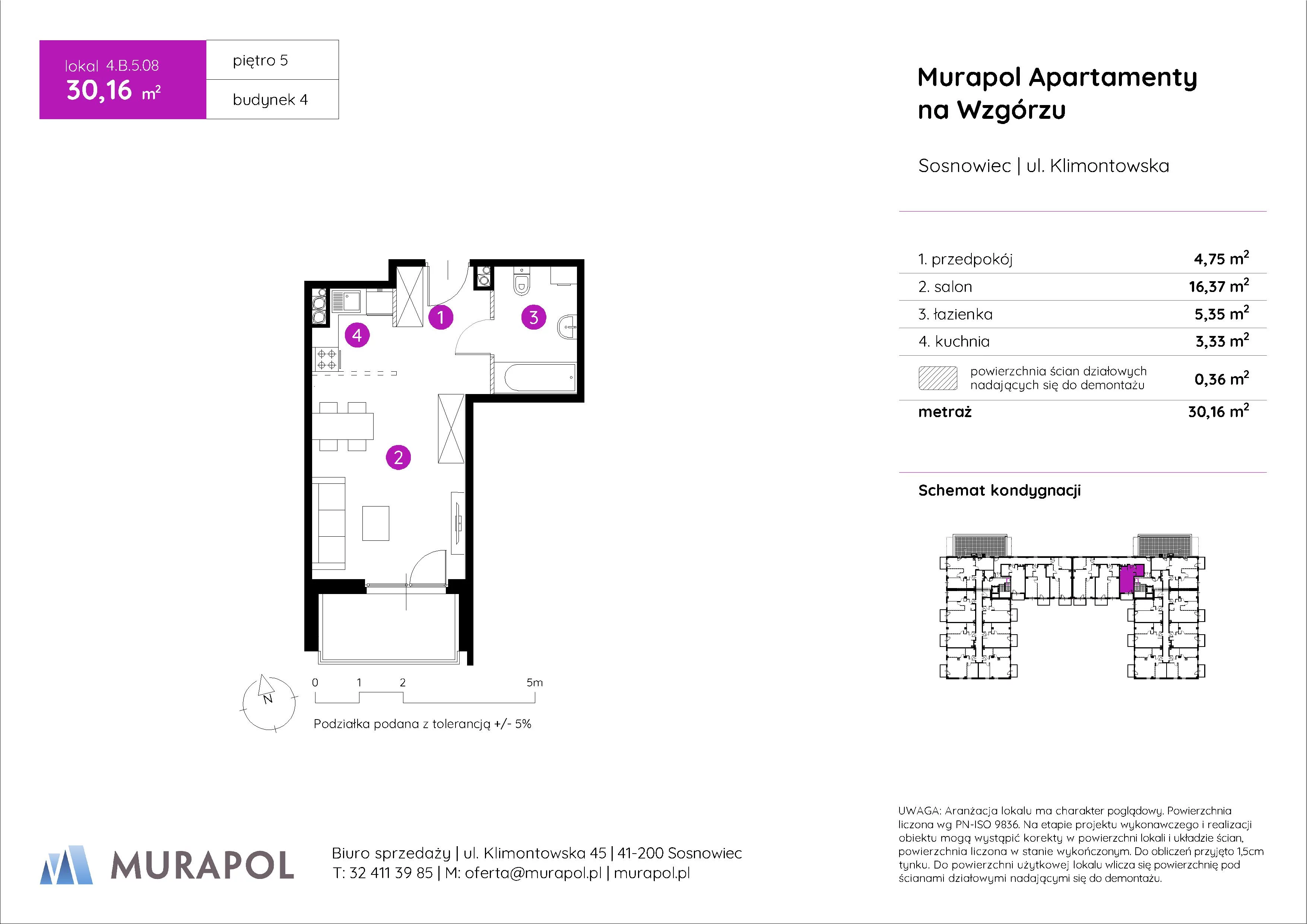 1 pokój, mieszkanie 30,16 m², piętro 5, oferta nr 4.B.5.08, Murapol Apartamenty Na Wzgórzu, Sosnowiec, Klimontów, ul. Klimontowska 45