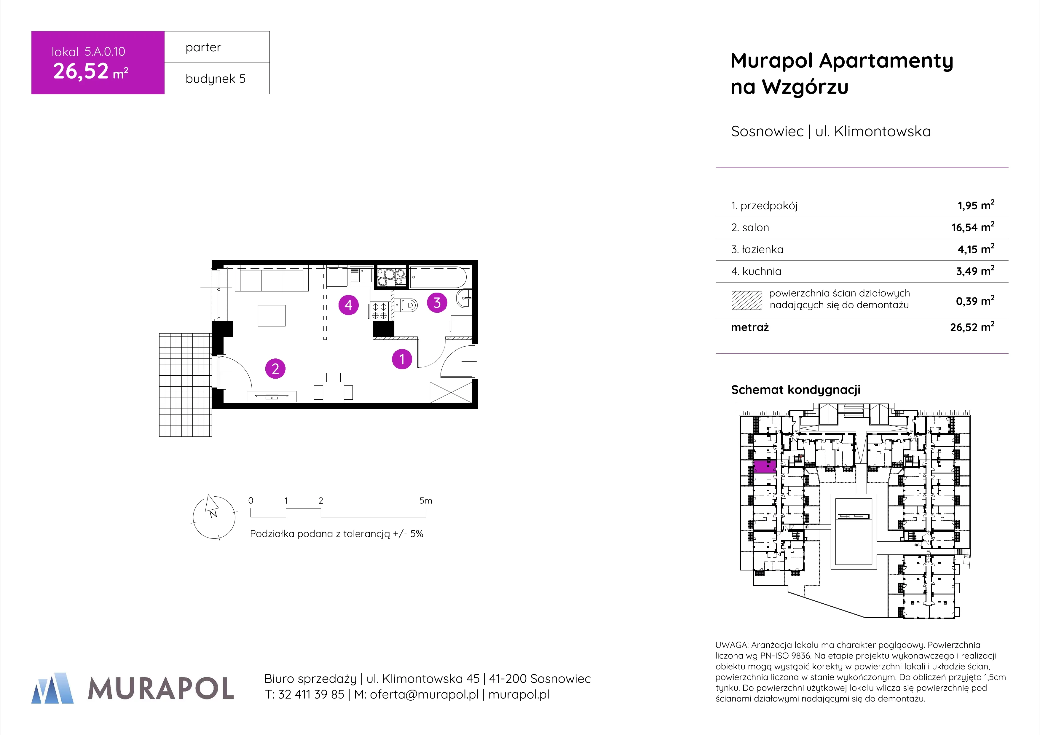 1 pokój, mieszkanie 26,52 m², parter, oferta nr 5.A.0.10, Murapol Apartamenty Na Wzgórzu, Sosnowiec, Klimontów, ul. Klimontowska 45