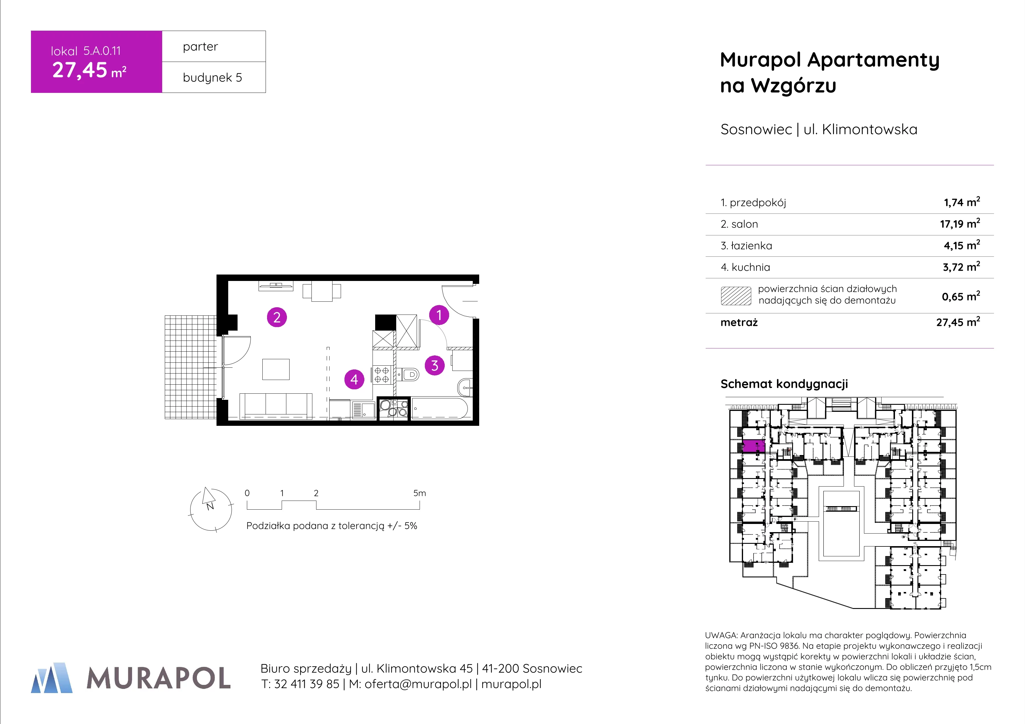 1 pokój, mieszkanie 27,45 m², parter, oferta nr 5.A.0.11, Murapol Apartamenty Na Wzgórzu, Sosnowiec, Klimontów, ul. Klimontowska 45