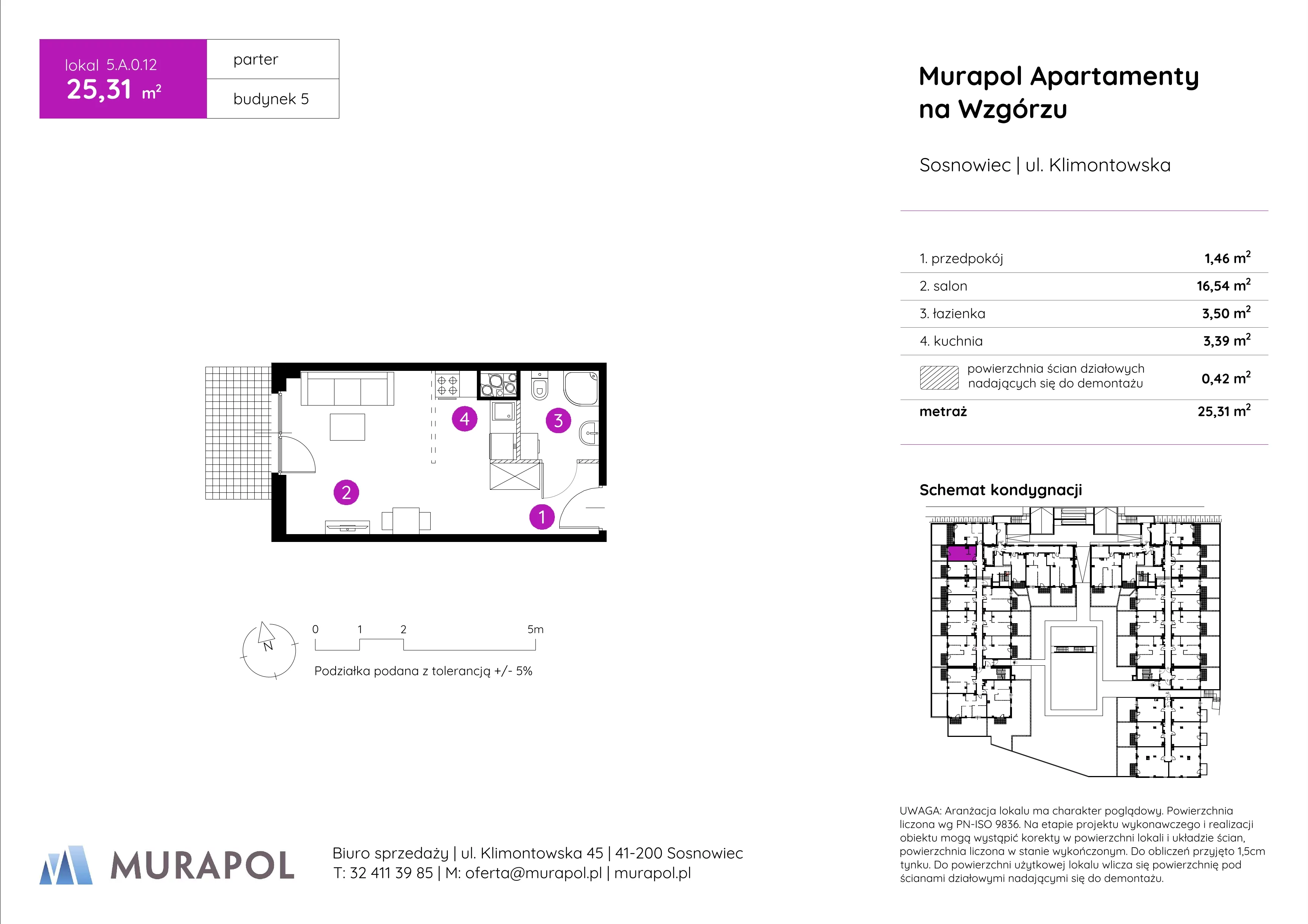 1 pokój, mieszkanie 25,31 m², parter, oferta nr 5.A.0.12, Murapol Apartamenty Na Wzgórzu, Sosnowiec, Klimontów, ul. Klimontowska 45