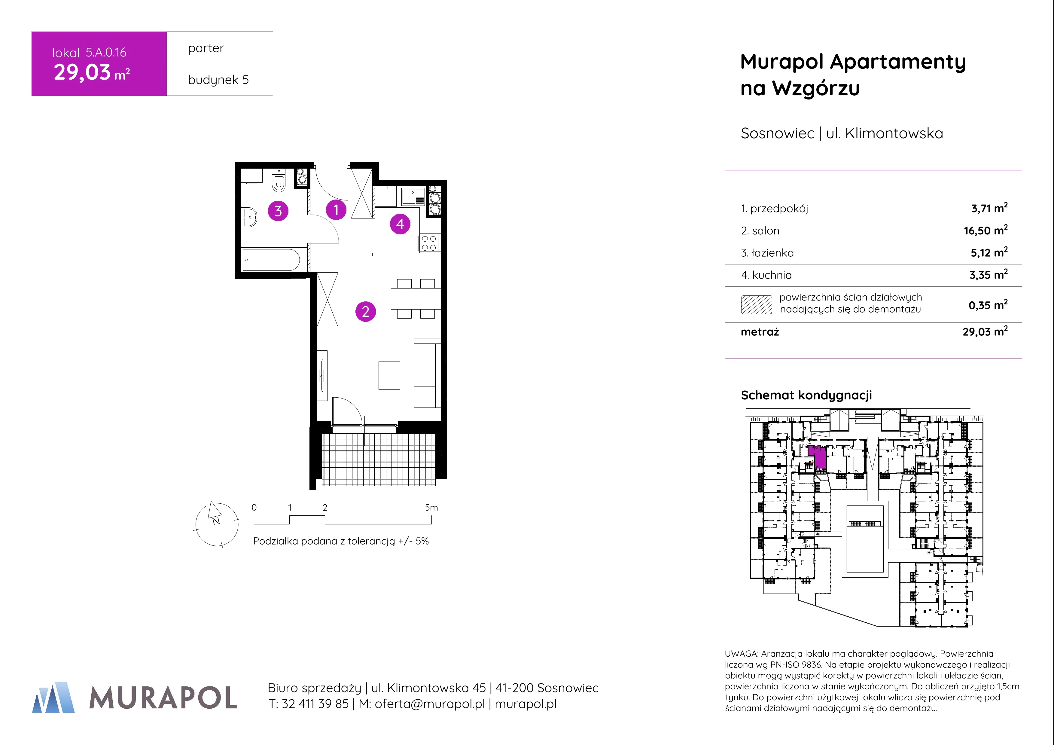 1 pokój, mieszkanie 29,03 m², parter, oferta nr 5.A.0.16, Murapol Apartamenty Na Wzgórzu, Sosnowiec, Klimontów, ul. Klimontowska 45
