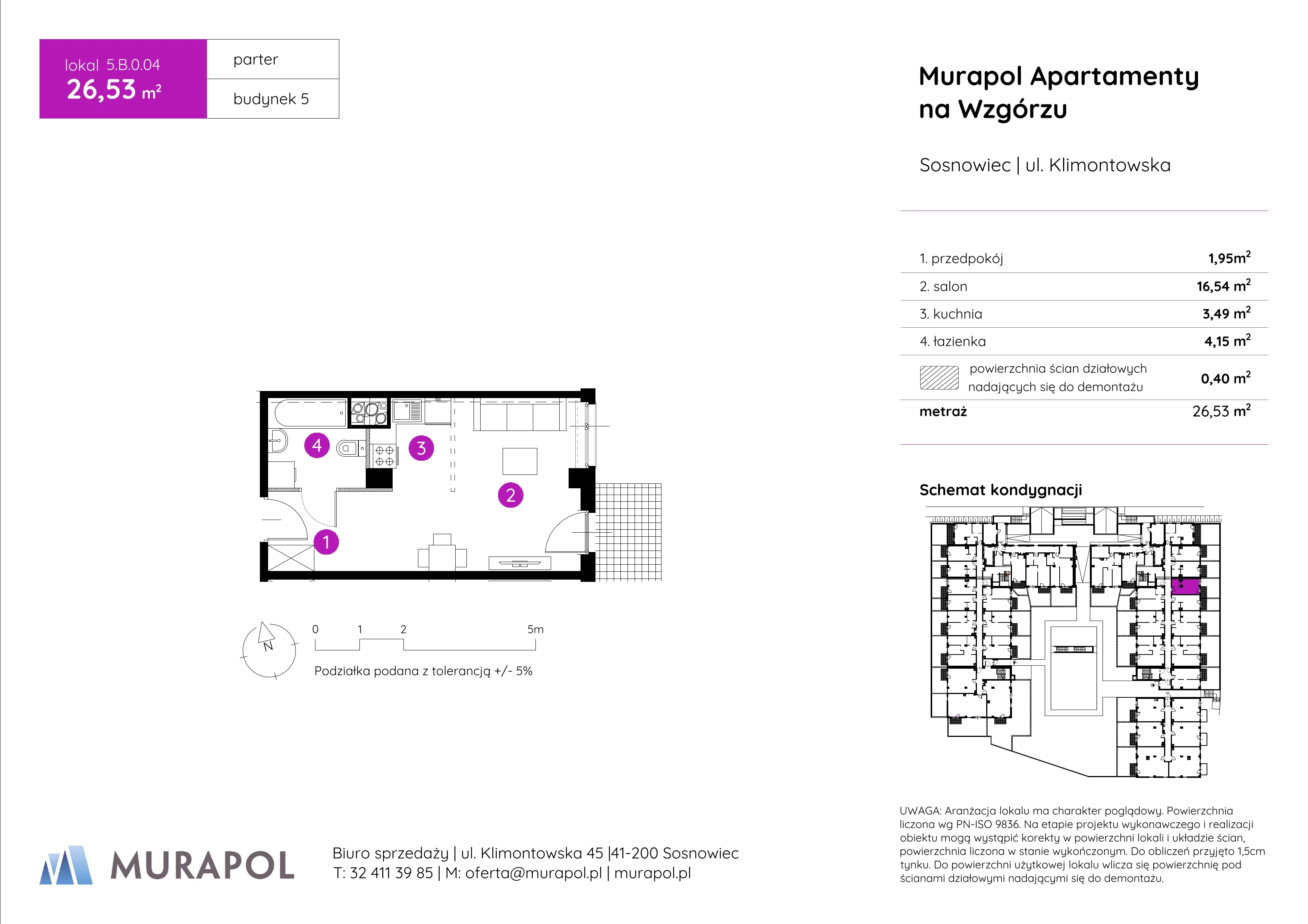 1 pokój, mieszkanie 26,53 m², parter, oferta nr 5.B.0.04, Murapol Apartamenty Na Wzgórzu, Sosnowiec, Klimontów, ul. Klimontowska 45