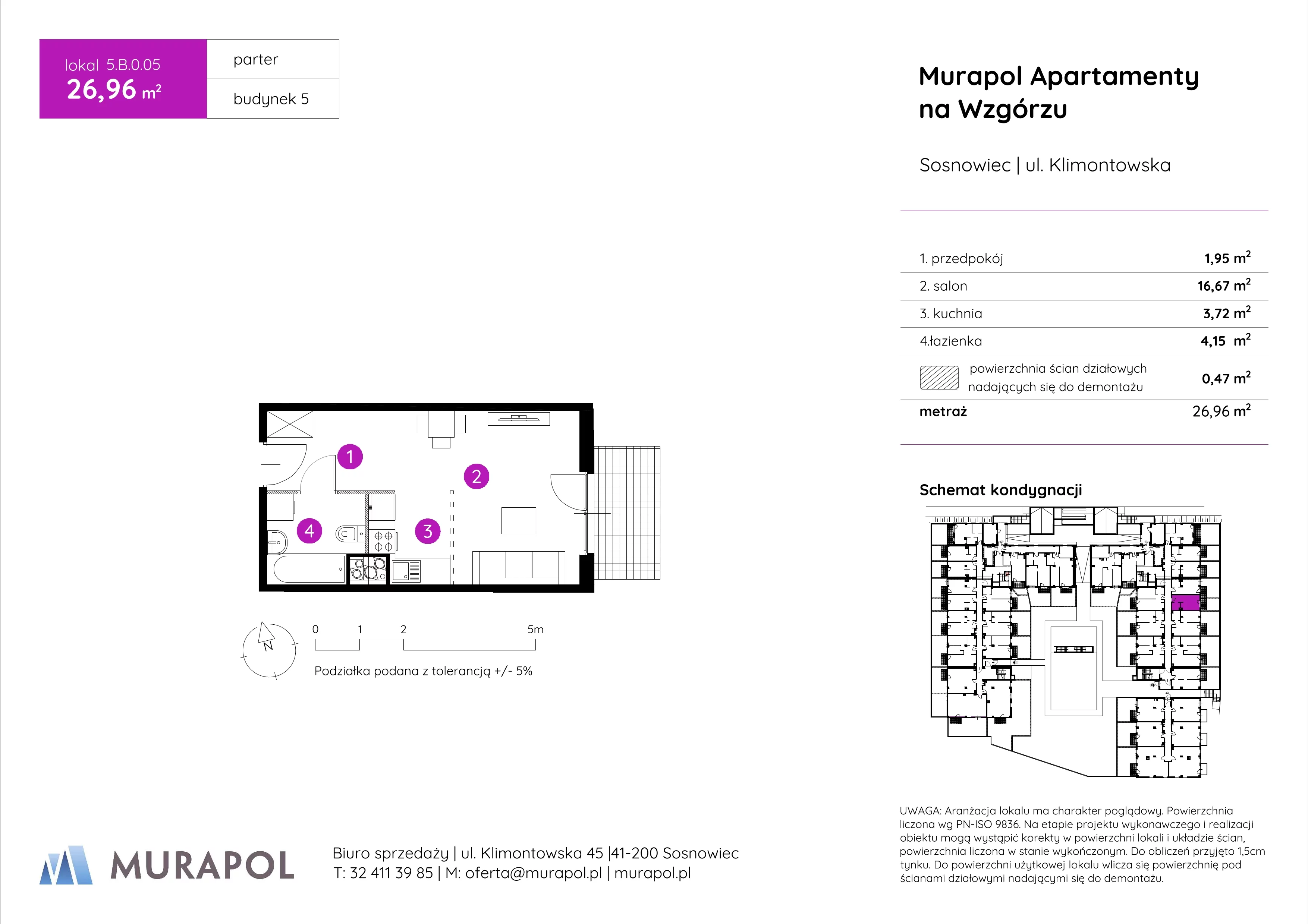 1 pokój, mieszkanie 26,96 m², parter, oferta nr 5.B.0.05, Murapol Apartamenty Na Wzgórzu, Sosnowiec, Klimontów, ul. Klimontowska 45