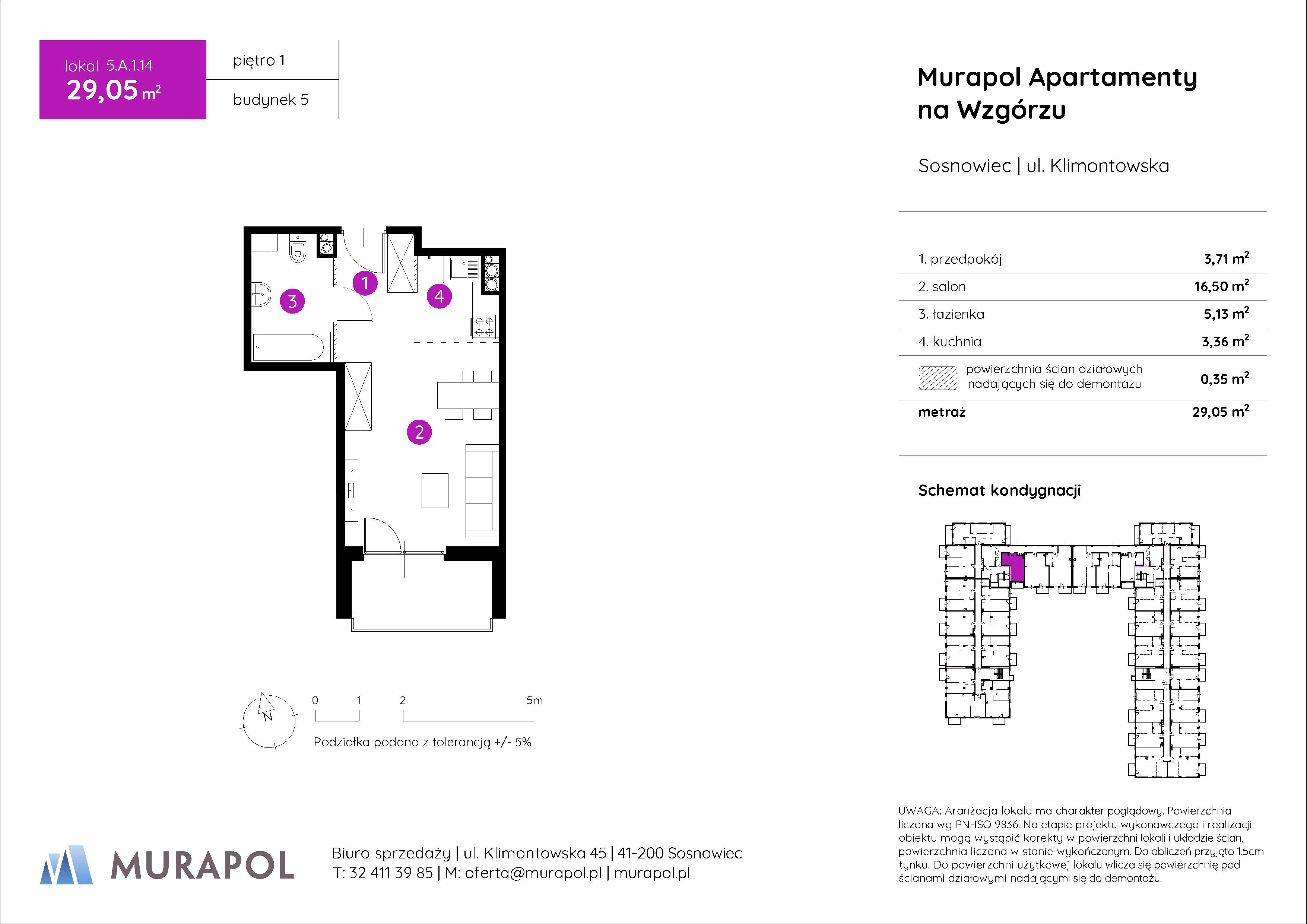 1 pokój, mieszkanie 29,05 m², piętro 1, oferta nr 5.A.1.14, Murapol Apartamenty Na Wzgórzu, Sosnowiec, Klimontów, ul. Klimontowska 45