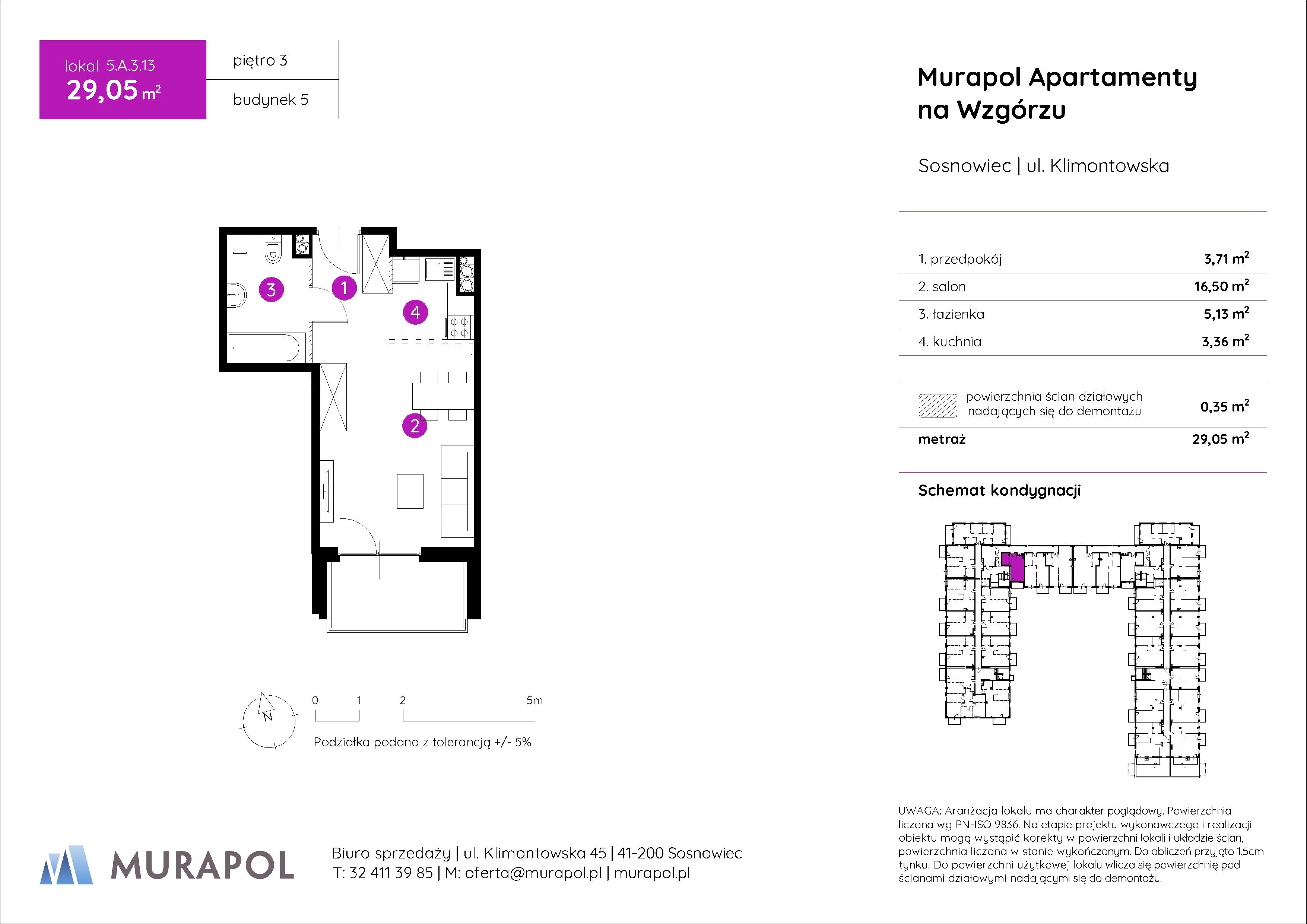 1 pokój, mieszkanie 29,05 m², piętro 3, oferta nr 5.A.3.13, Murapol Apartamenty Na Wzgórzu, Sosnowiec, Klimontów, ul. Klimontowska 45