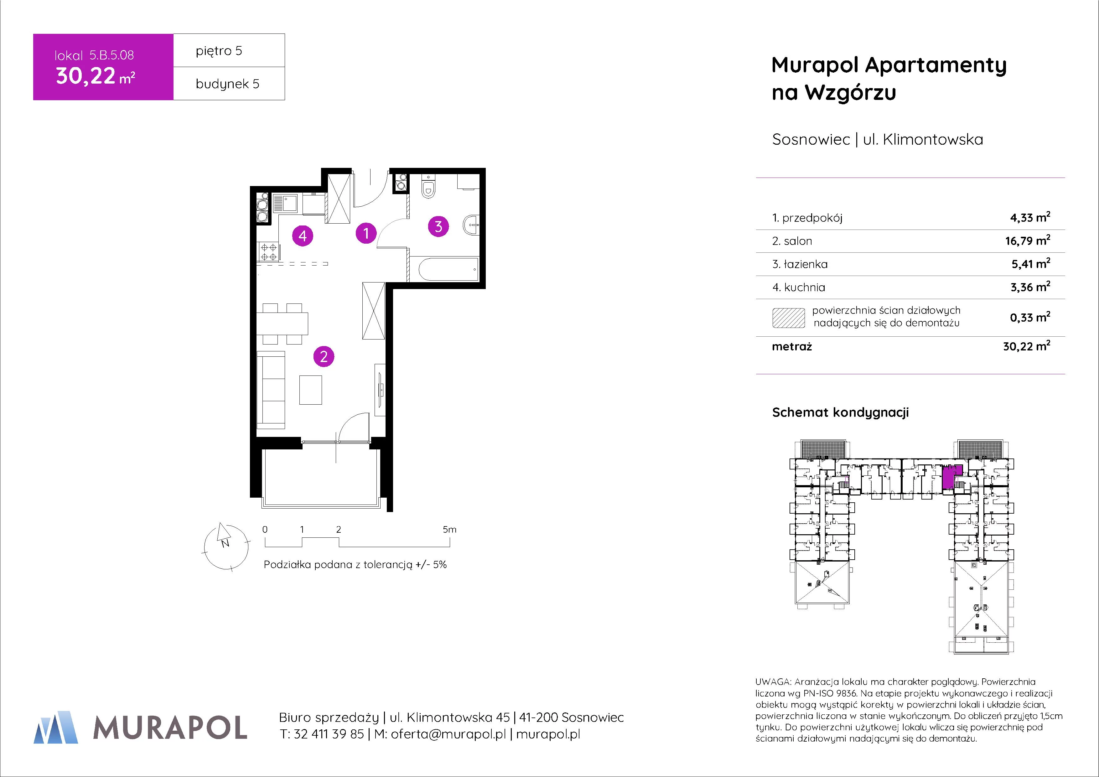 1 pokój, mieszkanie 30,22 m², piętro 5, oferta nr 5.B.5.08, Murapol Apartamenty Na Wzgórzu, Sosnowiec, Klimontów, ul. Klimontowska 45