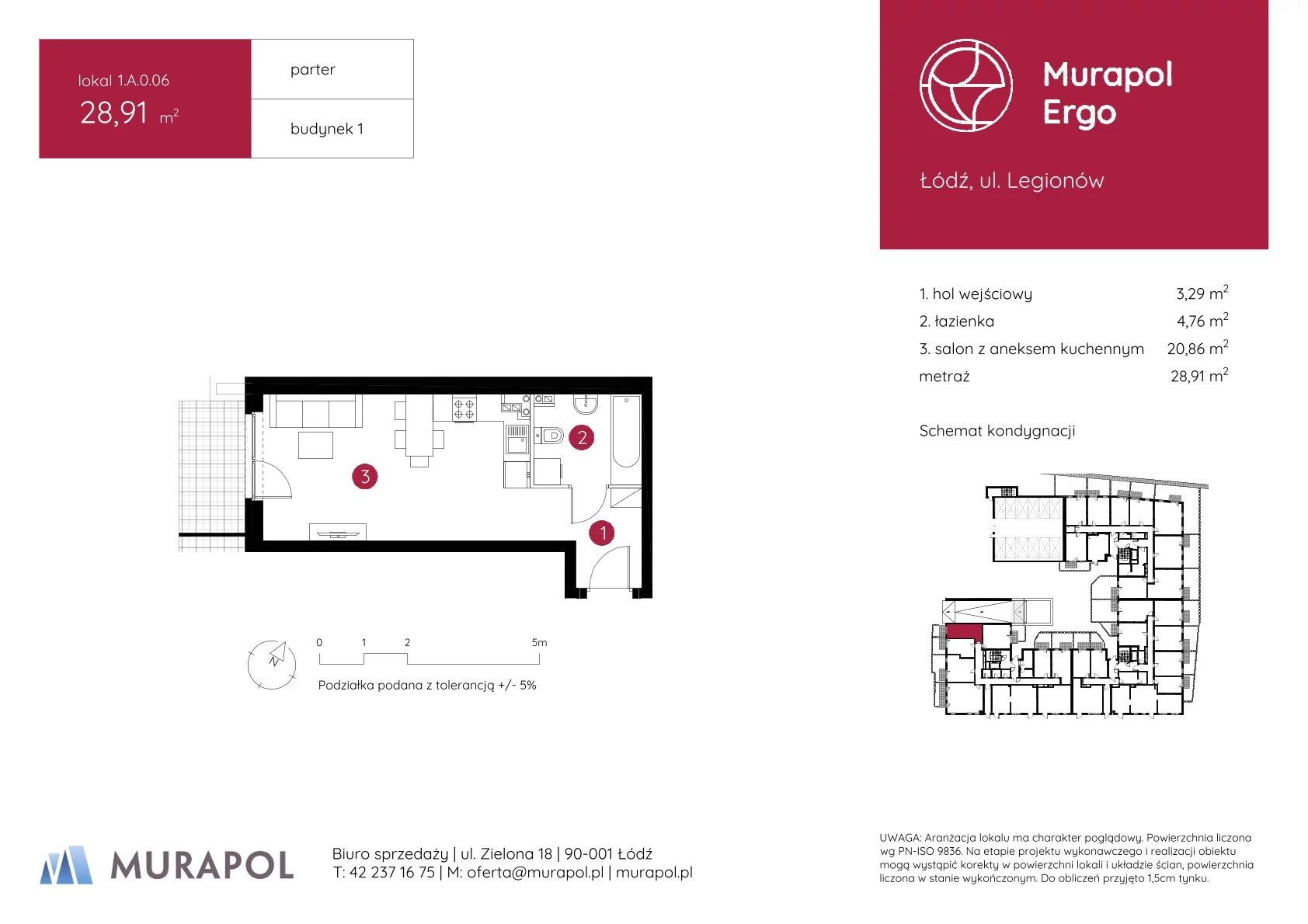 1 pokój, mieszkanie 28,91 m², parter, oferta nr 1.A.0.06, Murapol Ergo, Łódź, Polesie, Stare Polesie, ul. Legionów