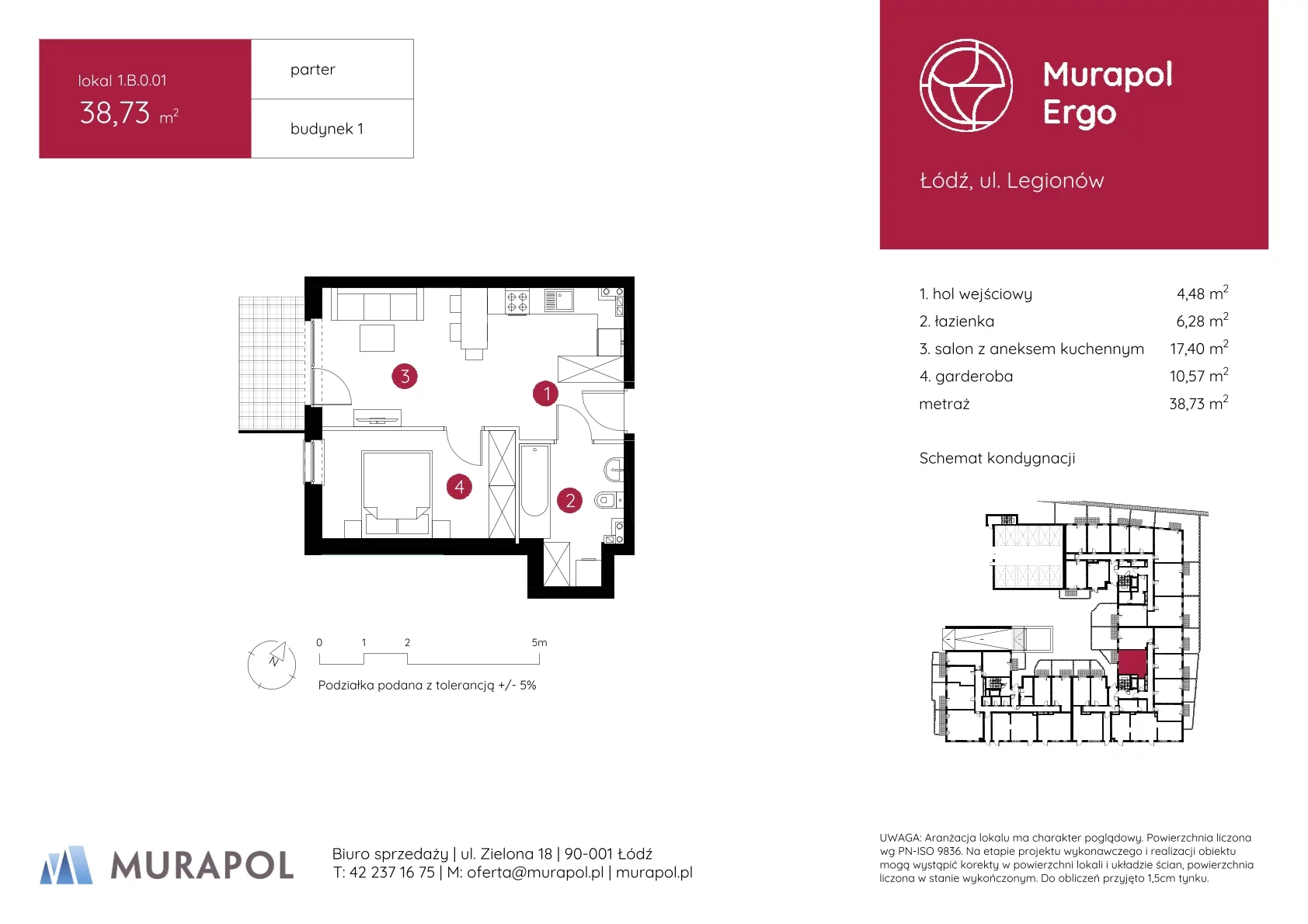 1 pokój, mieszkanie 38,73 m², parter, oferta nr 1.B.0.01, Murapol Ergo, Łódź, Polesie, Stare Polesie, ul. Legionów