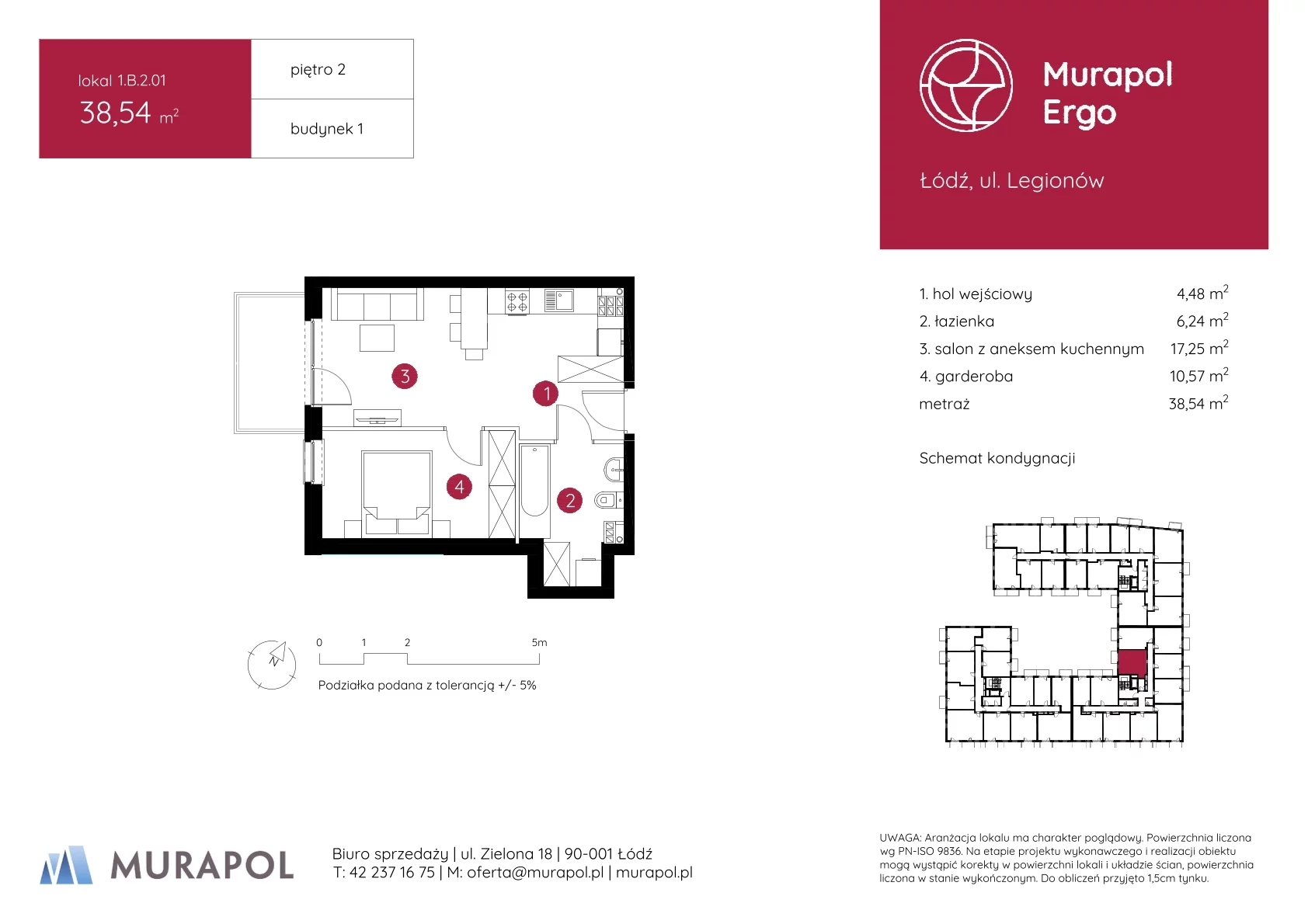 1 pokój, mieszkanie 38,54 m², piętro 2, oferta nr 1.B.2.01, Murapol Ergo, Łódź, Polesie, Stare Polesie, ul. Legionów
