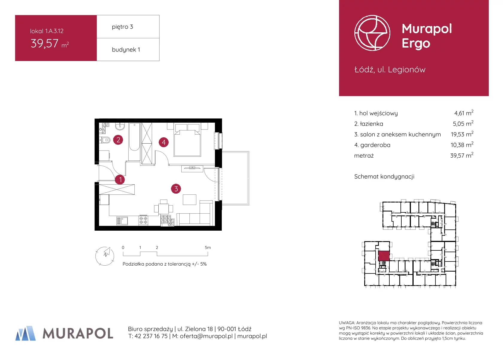 1 pokój, mieszkanie 39,57 m², piętro 3, oferta nr 1.A.3.12, Murapol Ergo, Łódź, Polesie, Stare Polesie, ul. Legionów