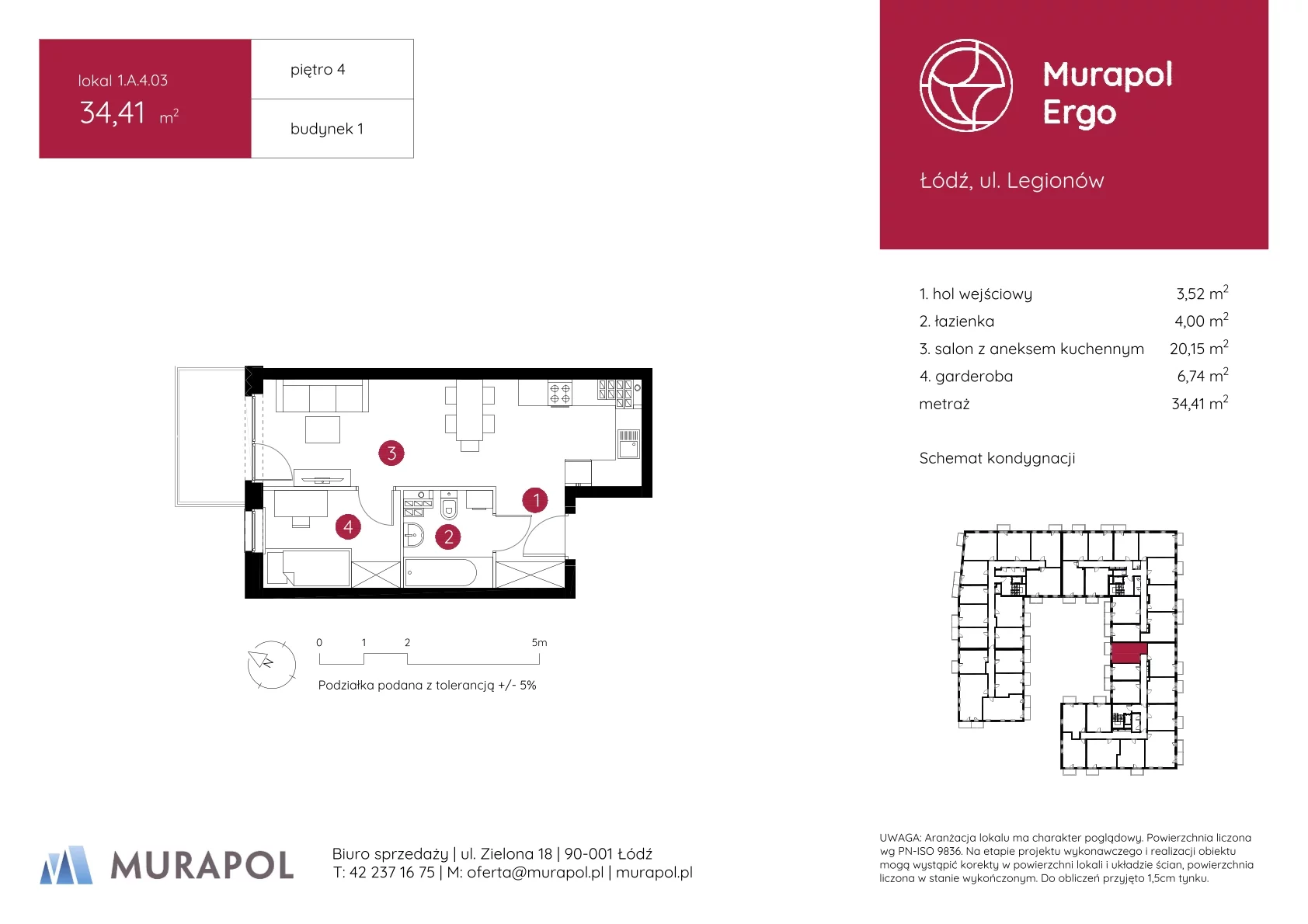 1 pokój, mieszkanie 34,41 m², piętro 4, oferta nr 1.A.4.03, Murapol Ergo, Łódź, Polesie, Stare Polesie, ul. Legionów