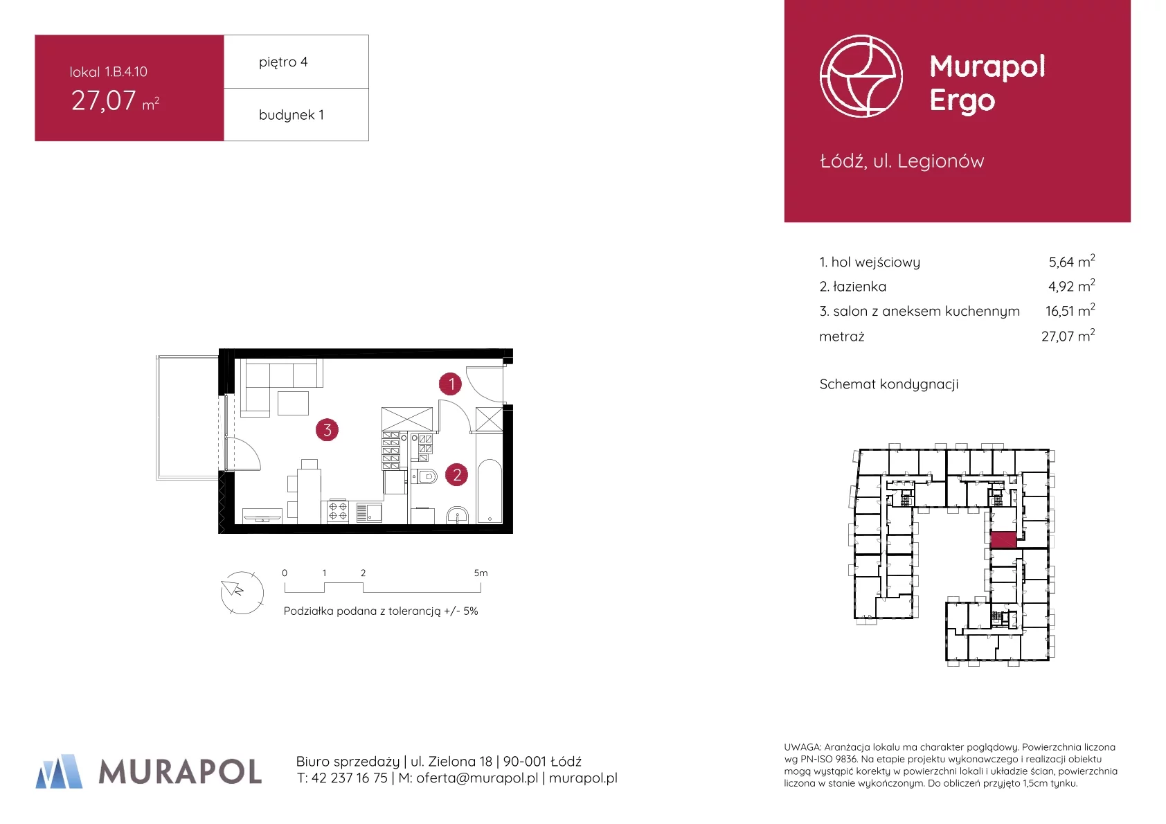 1 pokój, mieszkanie 27,07 m², piętro 4, oferta nr 1.B.4.10, Murapol Ergo, Łódź, Polesie, Stare Polesie, ul. Legionów
