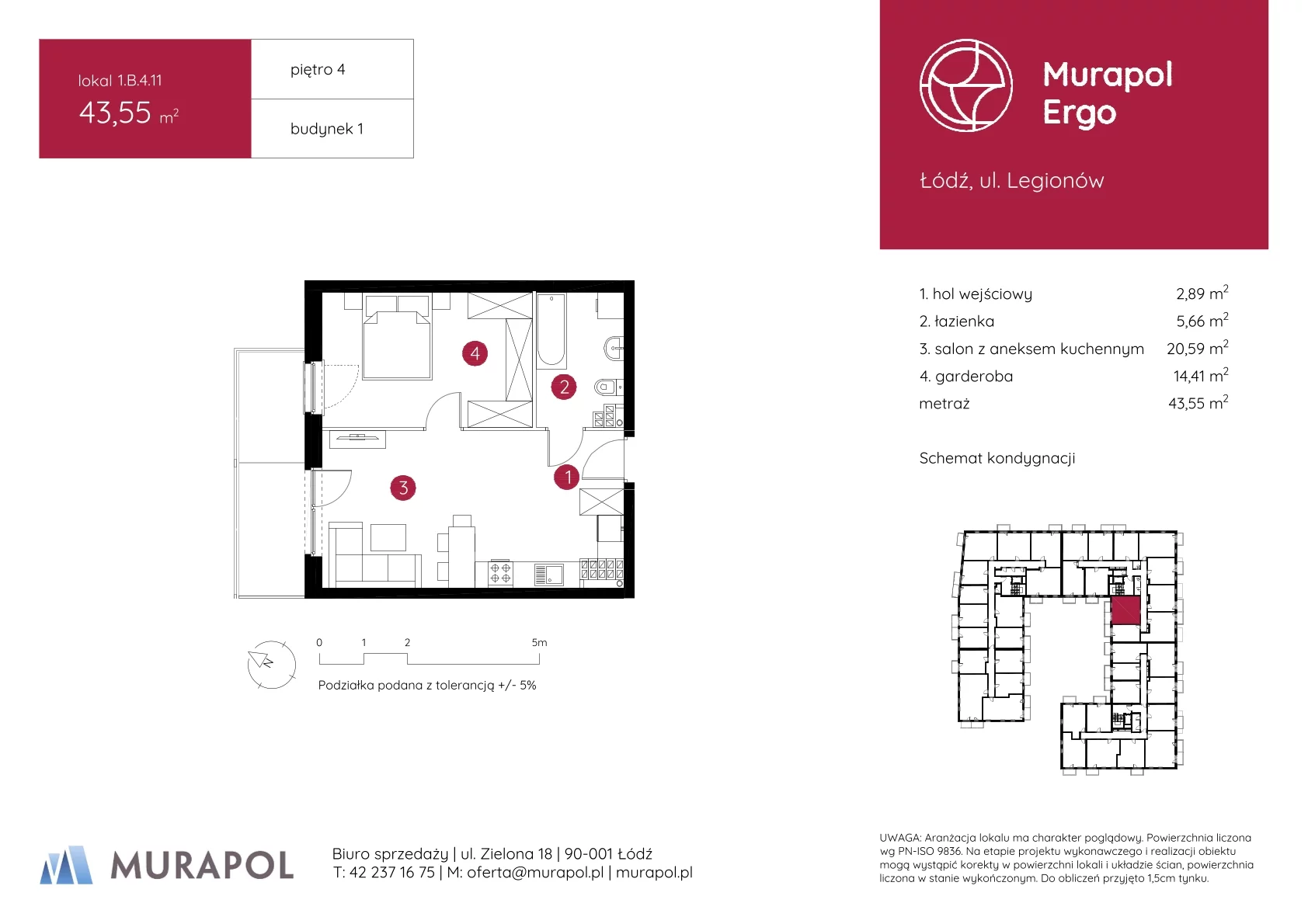 1 pokój, mieszkanie 43,55 m², piętro 4, oferta nr 1.B.4.11, Murapol Ergo, Łódź, Polesie, Stare Polesie, ul. Legionów