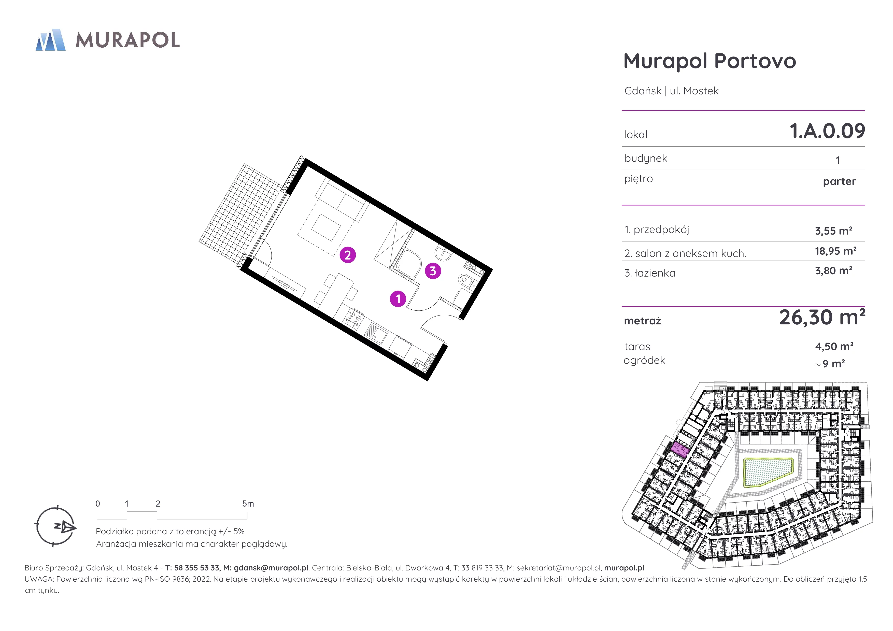 Mieszkanie 26,30 m², parter, oferta nr 1.A.0.09, Murapol Portovo, Gdańsk, Śródmieście, ul. Mostek