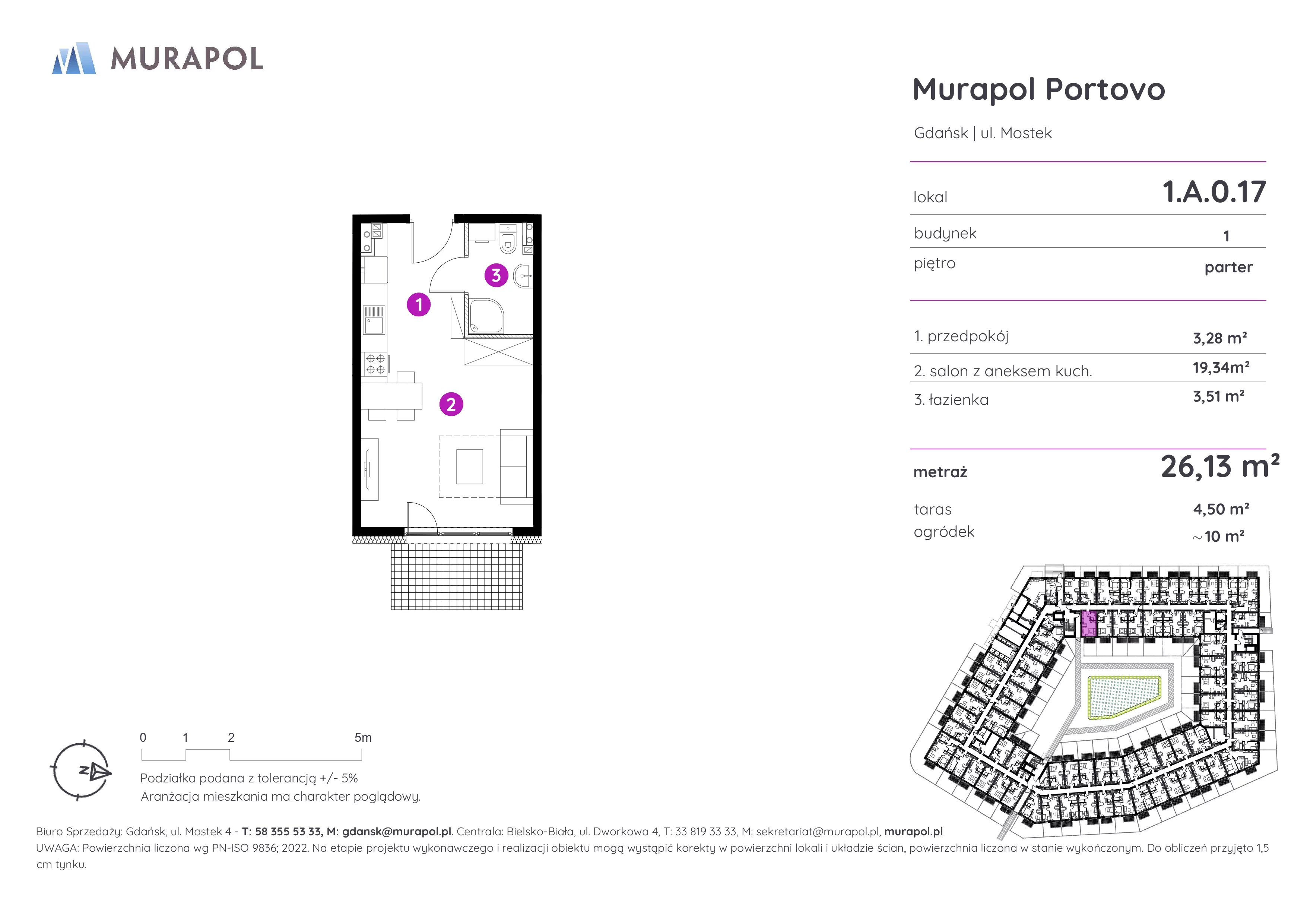 Mieszkanie 26,13 m², parter, oferta nr 1.A.0.17, Murapol Portovo, Gdańsk, Śródmieście, ul. Mostek