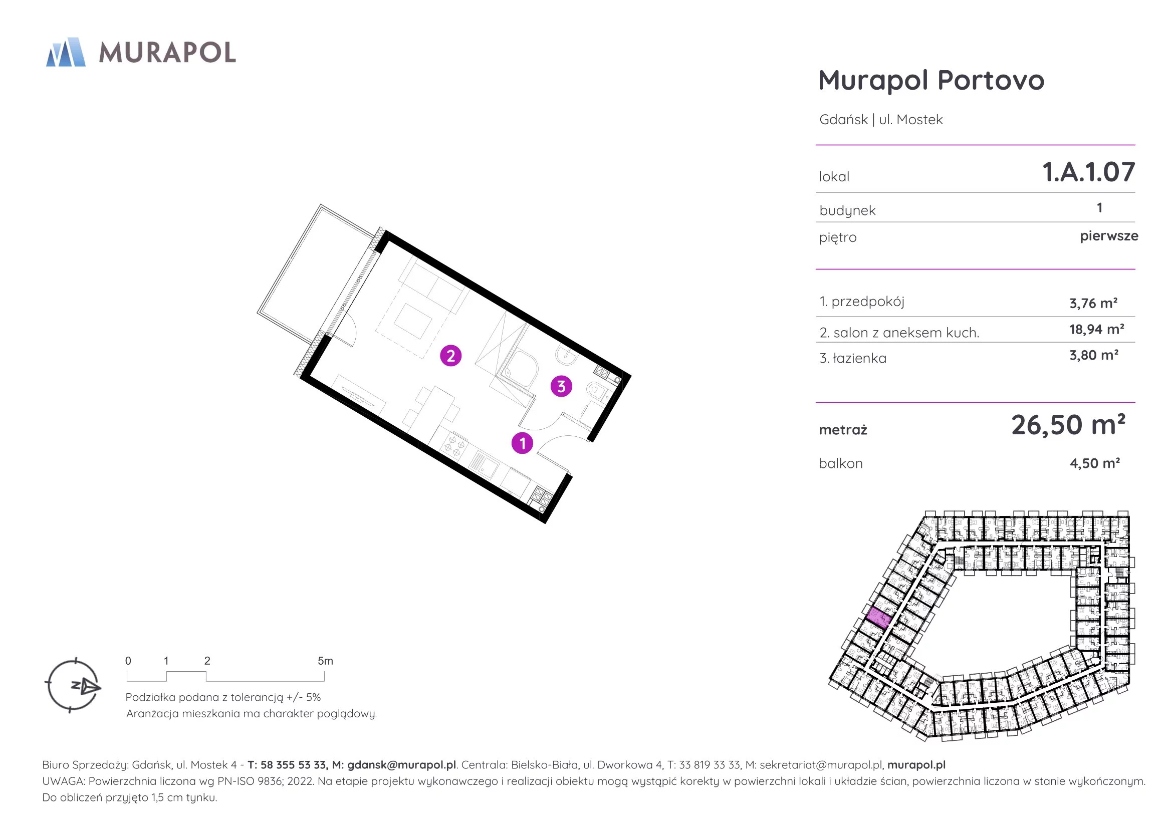 Mieszkanie 26,50 m², piętro 1, oferta nr 1.A.1.07, Murapol Portovo, Gdańsk, Śródmieście, ul. Mostek