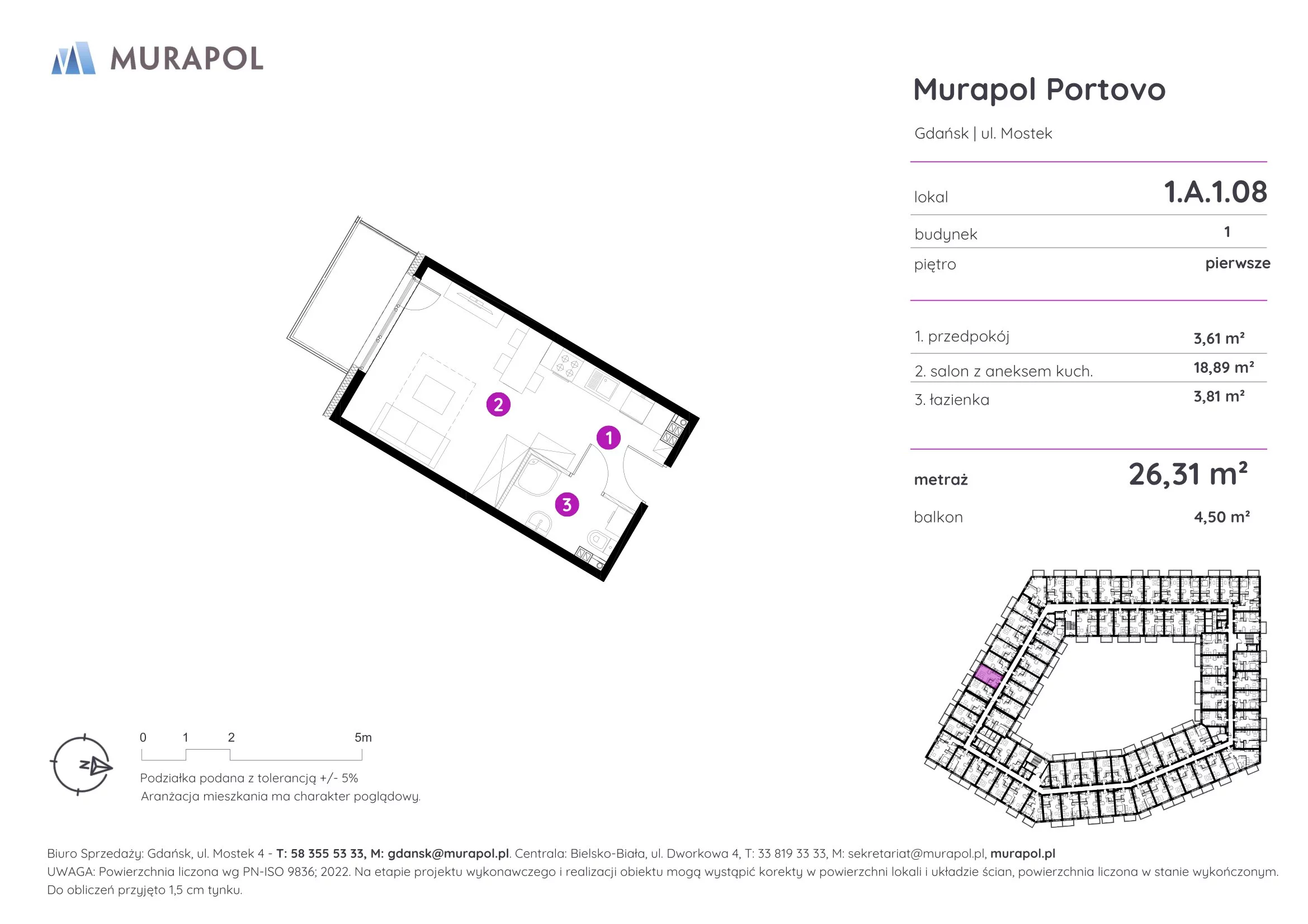 Mieszkanie 26,31 m², piętro 1, oferta nr 1.A.1.08, Murapol Portovo, Gdańsk, Śródmieście, ul. Mostek