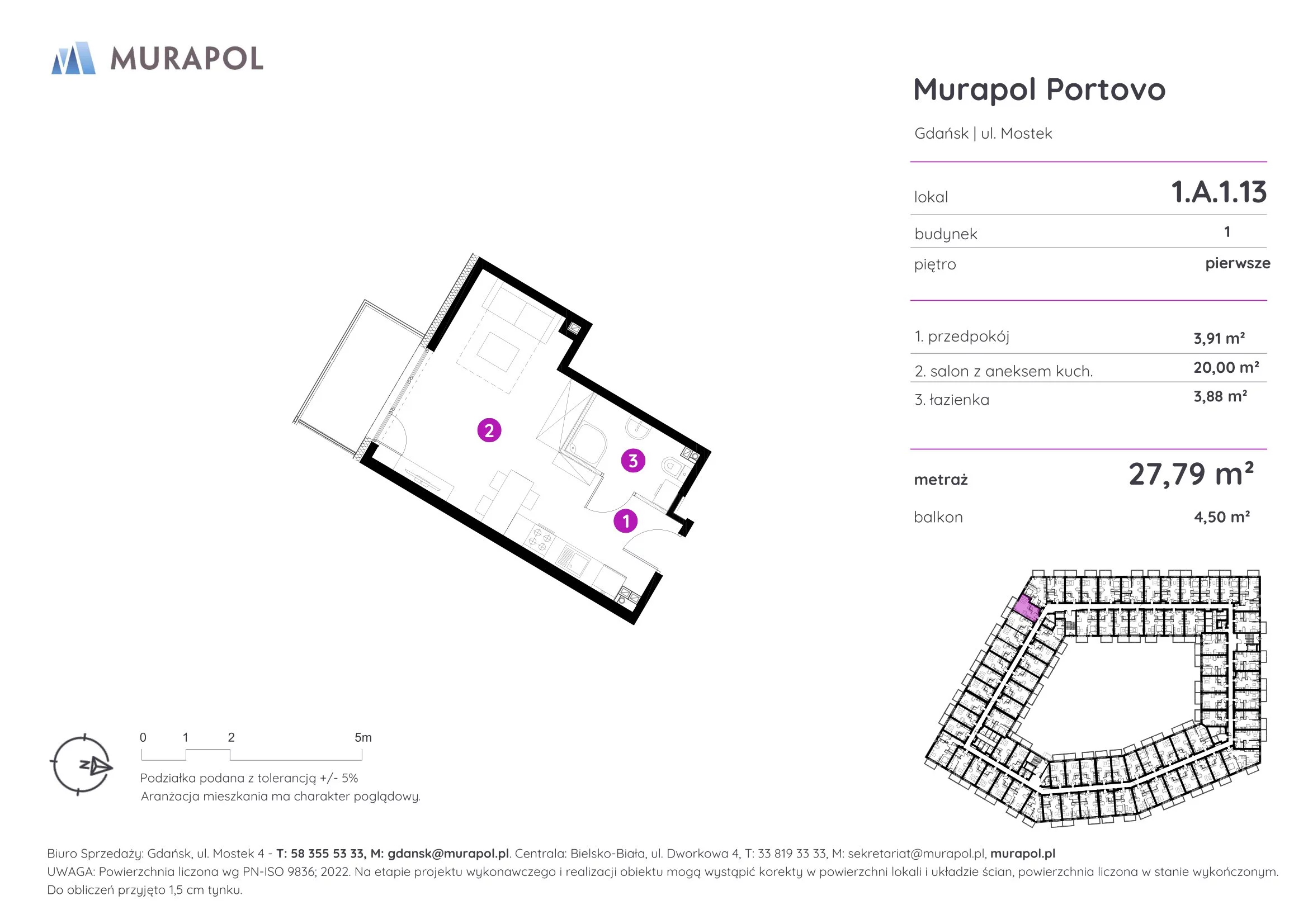 Apartament inwestycyjny 27,79 m², piętro 1, oferta nr 1.A.1.13, Murapol Portovo, Gdańsk, Śródmieście, ul. Mostek