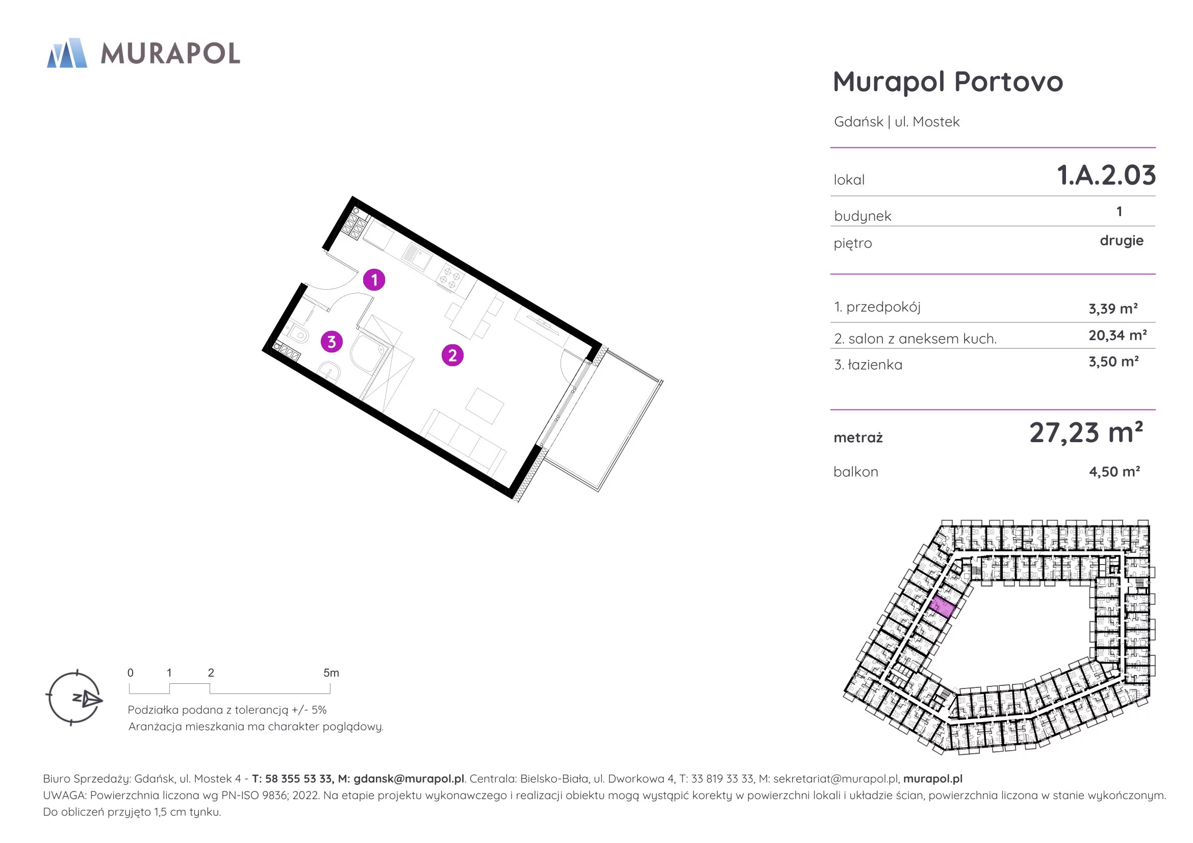 Apartament inwestycyjny 27,23 m², piętro 2, oferta nr 1.A.2.03, Murapol Portovo, Gdańsk, Śródmieście, ul. Mostek