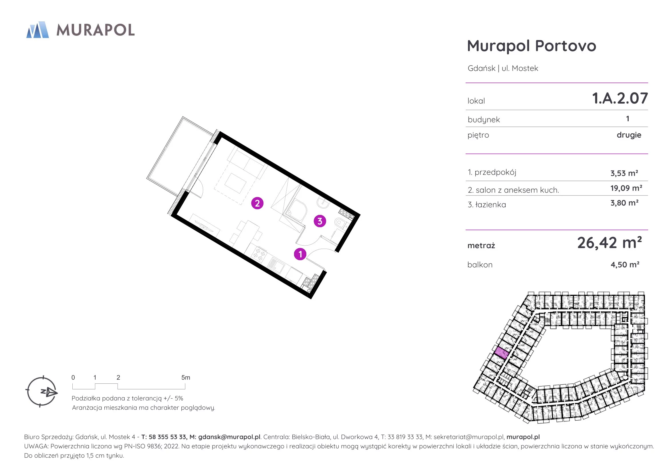 Mieszkanie 26,42 m², piętro 2, oferta nr 1.A.2.07, Murapol Portovo, Gdańsk, Śródmieście, ul. Mostek