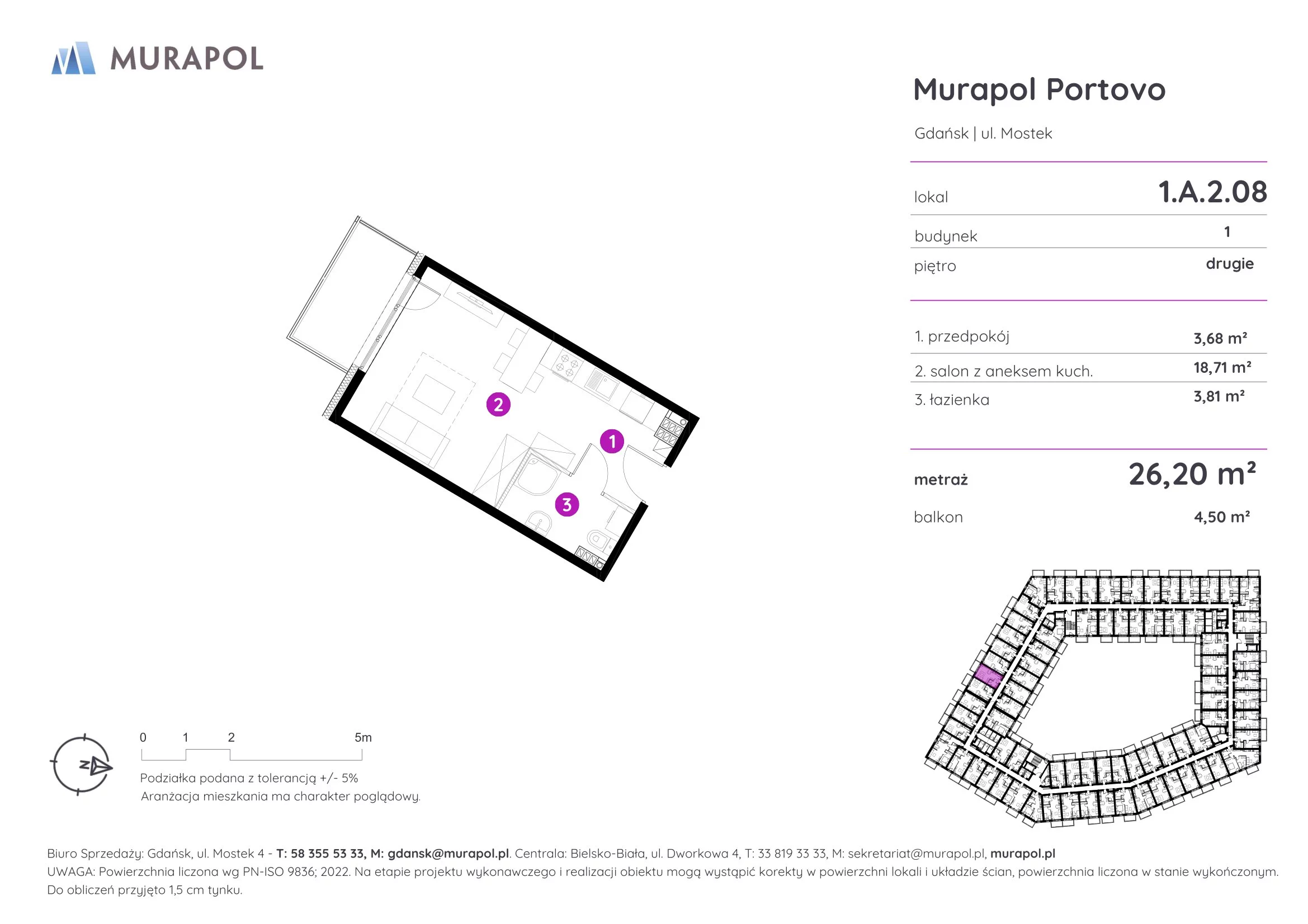 Mieszkanie 26,20 m², piętro 2, oferta nr 1.A.2.08, Murapol Portovo, Gdańsk, Śródmieście, ul. Mostek