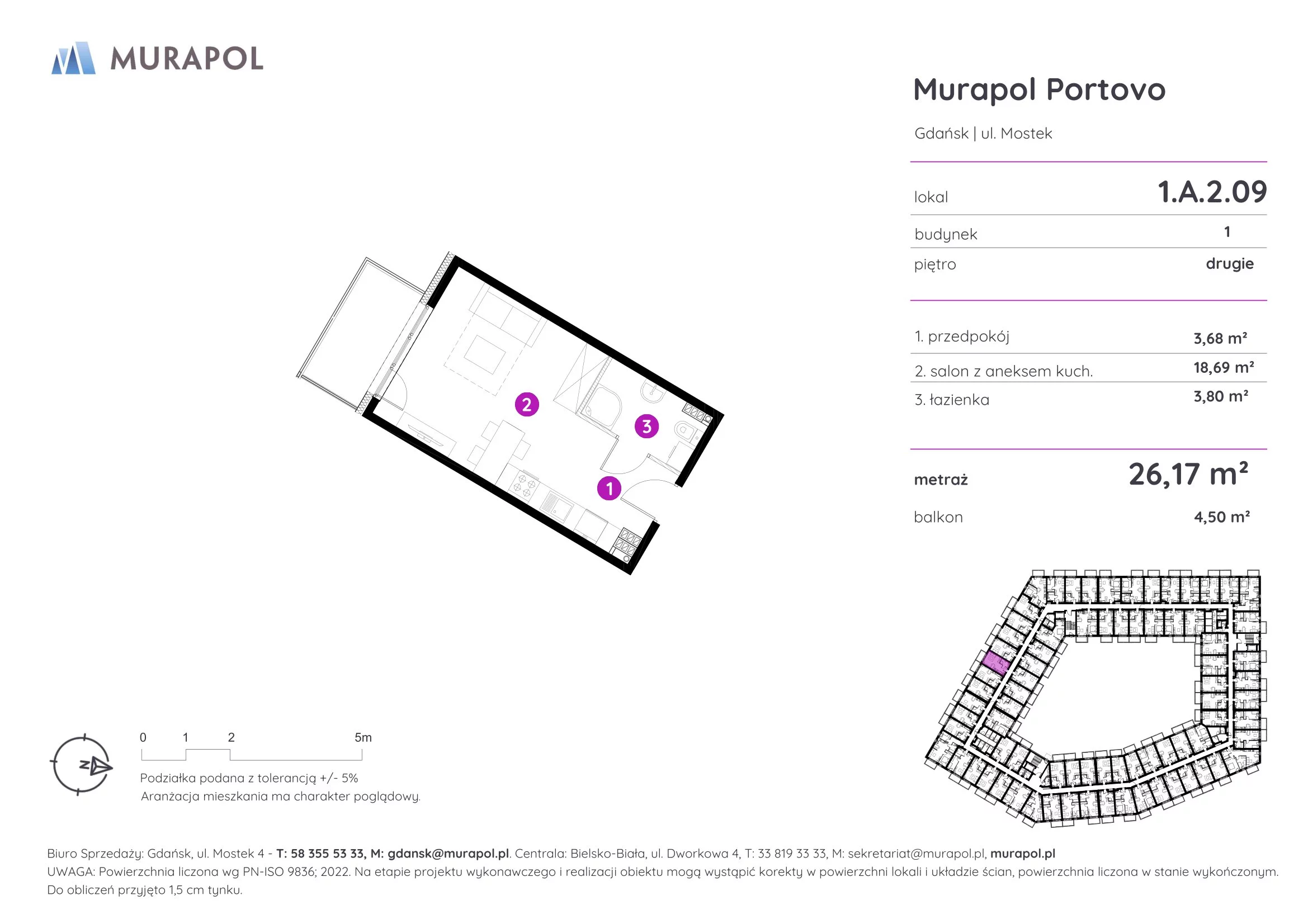 Mieszkanie 26,17 m², piętro 2, oferta nr 1.A.2.09, Murapol Portovo, Gdańsk, Śródmieście, ul. Mostek