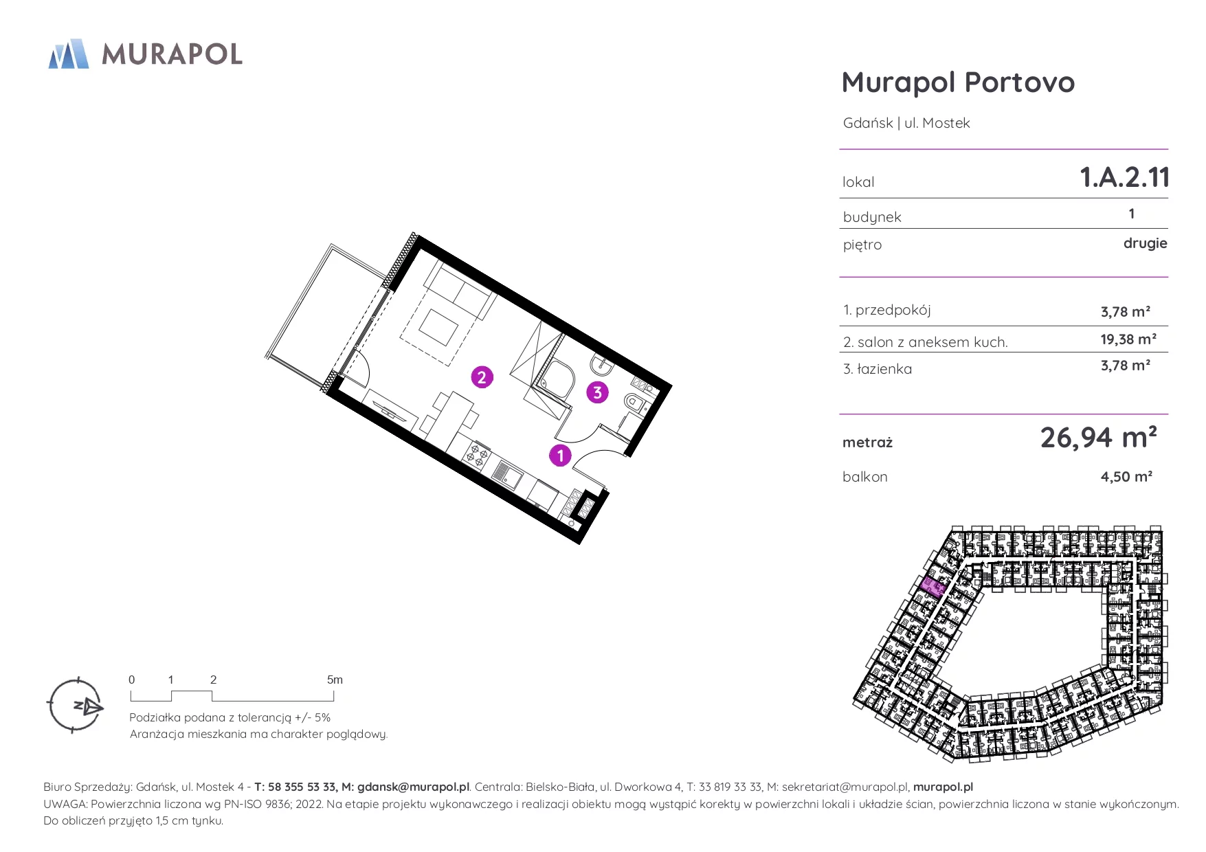 Apartament inwestycyjny 26,94 m², piętro 2, oferta nr 1.A.2.11, Murapol Portovo, Gdańsk, Śródmieście, ul. Mostek