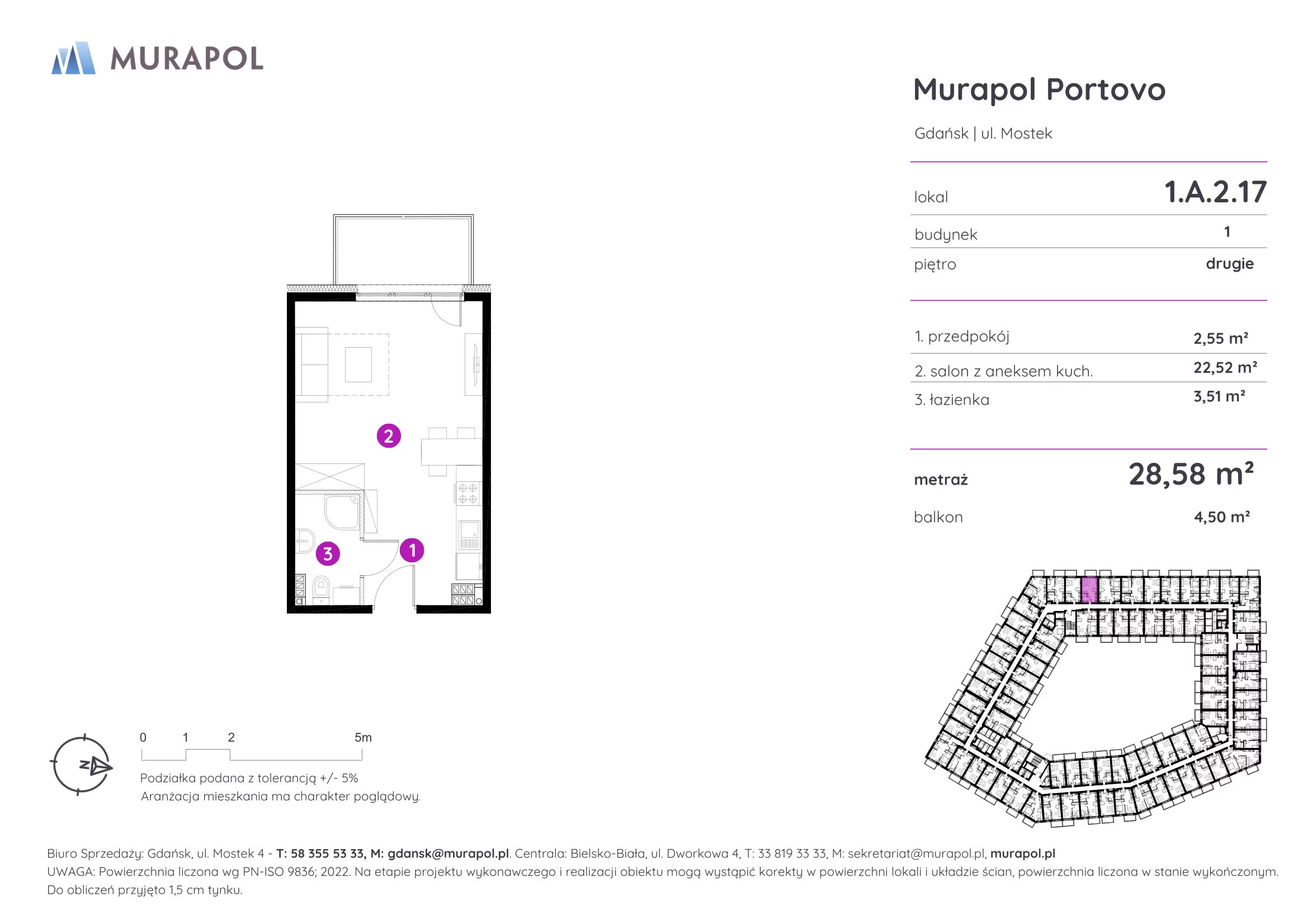 Apartament inwestycyjny 28,58 m², piętro 2, oferta nr 1.A.2.17, Murapol Portovo, Gdańsk, Śródmieście, ul. Mostek