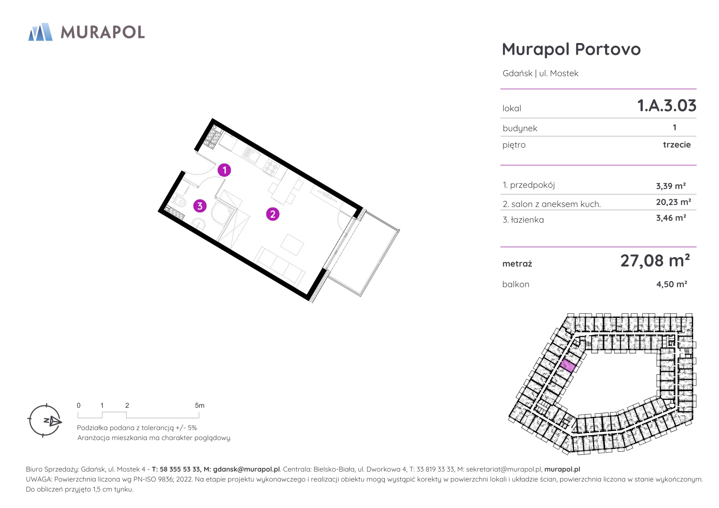 Apartament inwestycyjny 27,08 m², piętro 3, oferta nr 1.A.3.03, Murapol Portovo, Gdańsk, Śródmieście, ul. Mostek