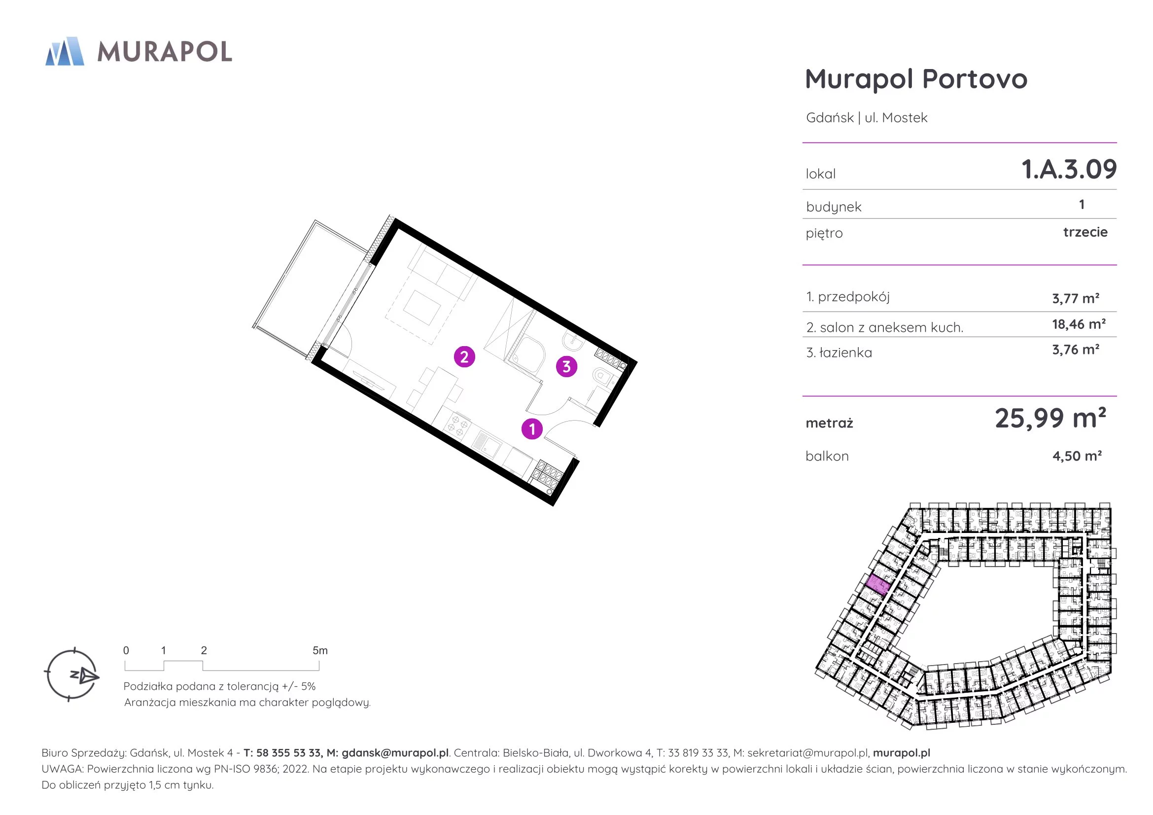 Mieszkanie 25,99 m², piętro 3, oferta nr 1.A.3.09, Murapol Portovo, Gdańsk, Śródmieście, ul. Mostek