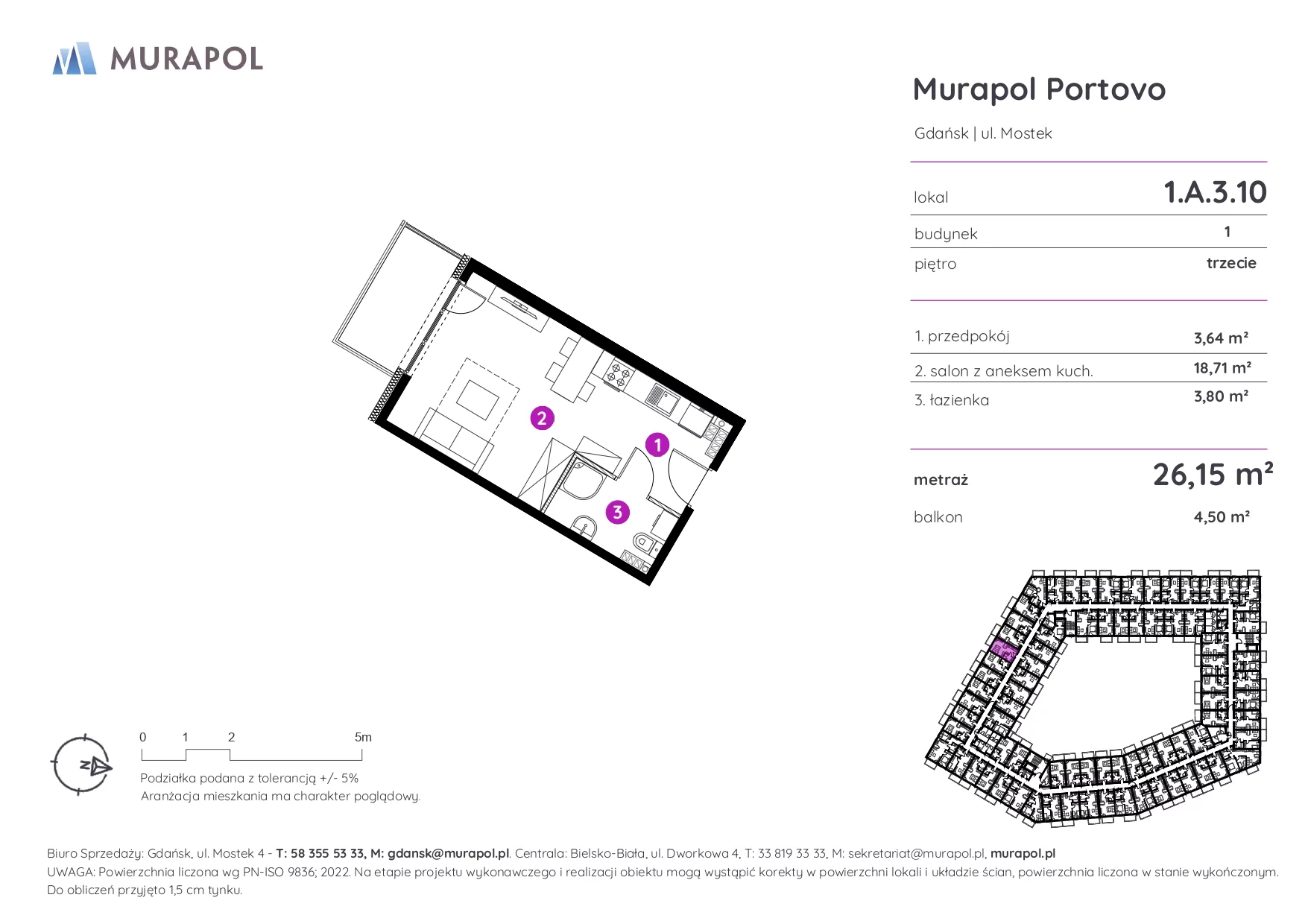 Mieszkanie 26,15 m², piętro 3, oferta nr 1.A.3.10, Murapol Portovo, Gdańsk, Śródmieście, ul. Mostek