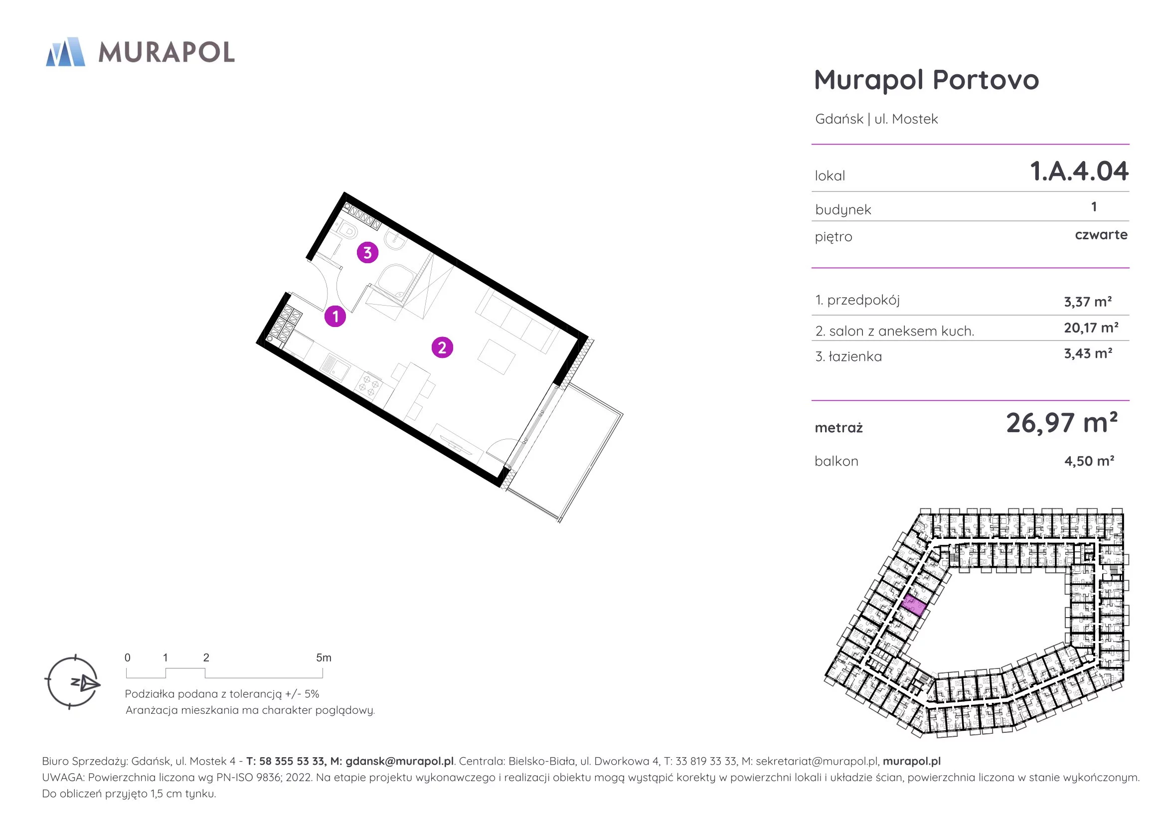 Apartament inwestycyjny 26,97 m², piętro 4, oferta nr 1.A.4.04, Murapol Portovo, Gdańsk, Śródmieście, ul. Mostek