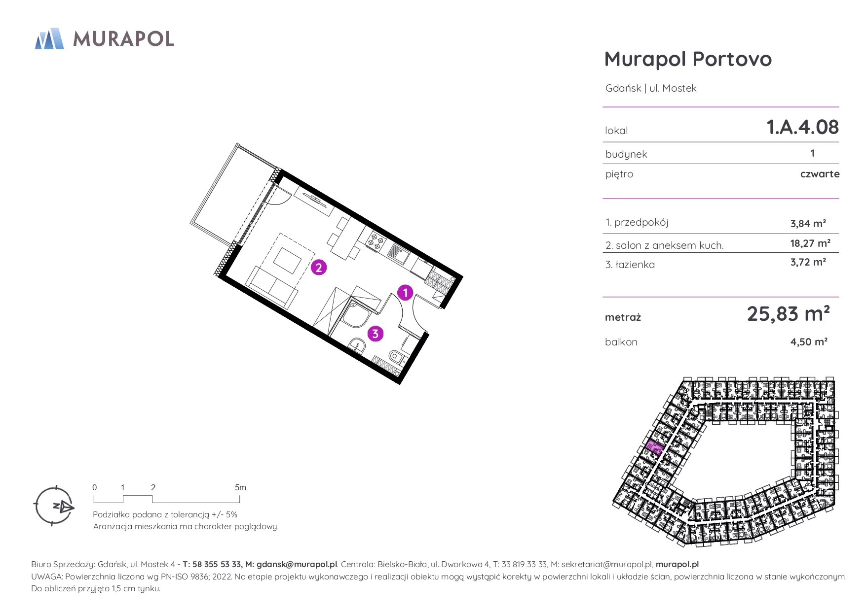 Mieszkanie 25,83 m², piętro 4, oferta nr 1.A.4.08, Murapol Portovo, Gdańsk, Śródmieście, ul. Mostek