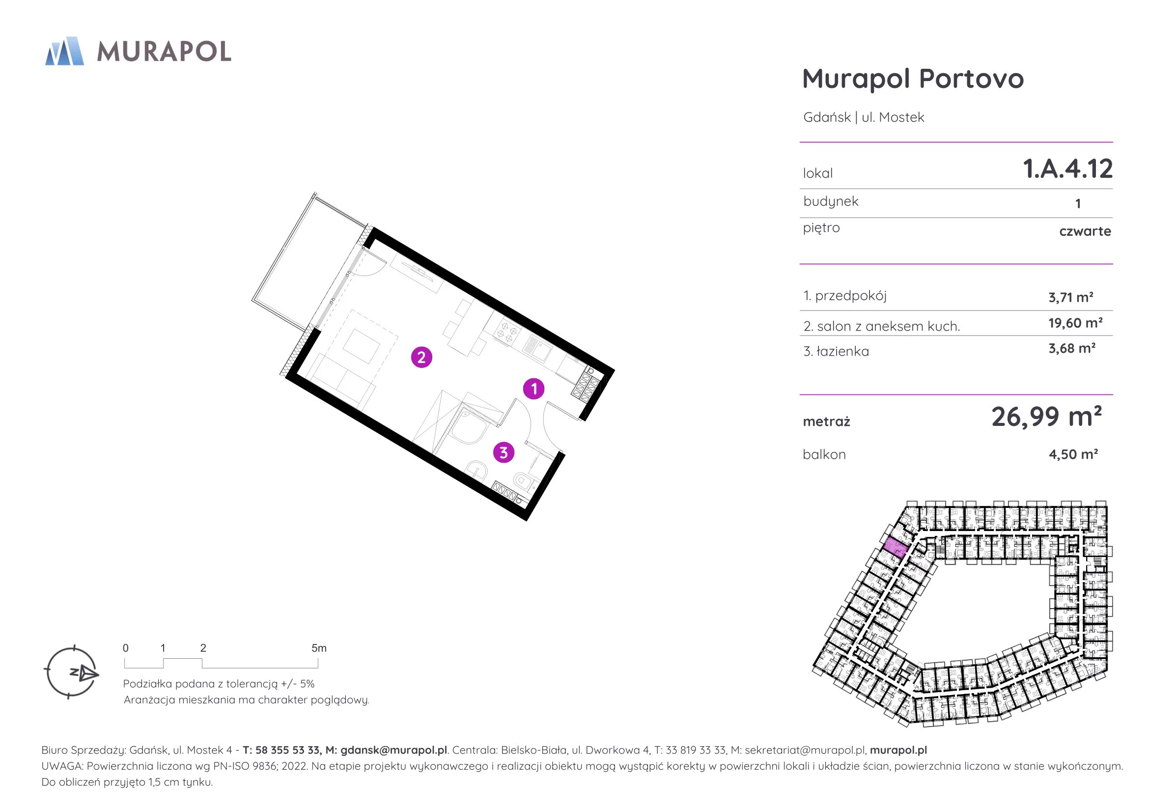 Apartament inwestycyjny 26,99 m², piętro 4, oferta nr 1.A.4.12, Murapol Portovo, Gdańsk, Śródmieście, ul. Mostek