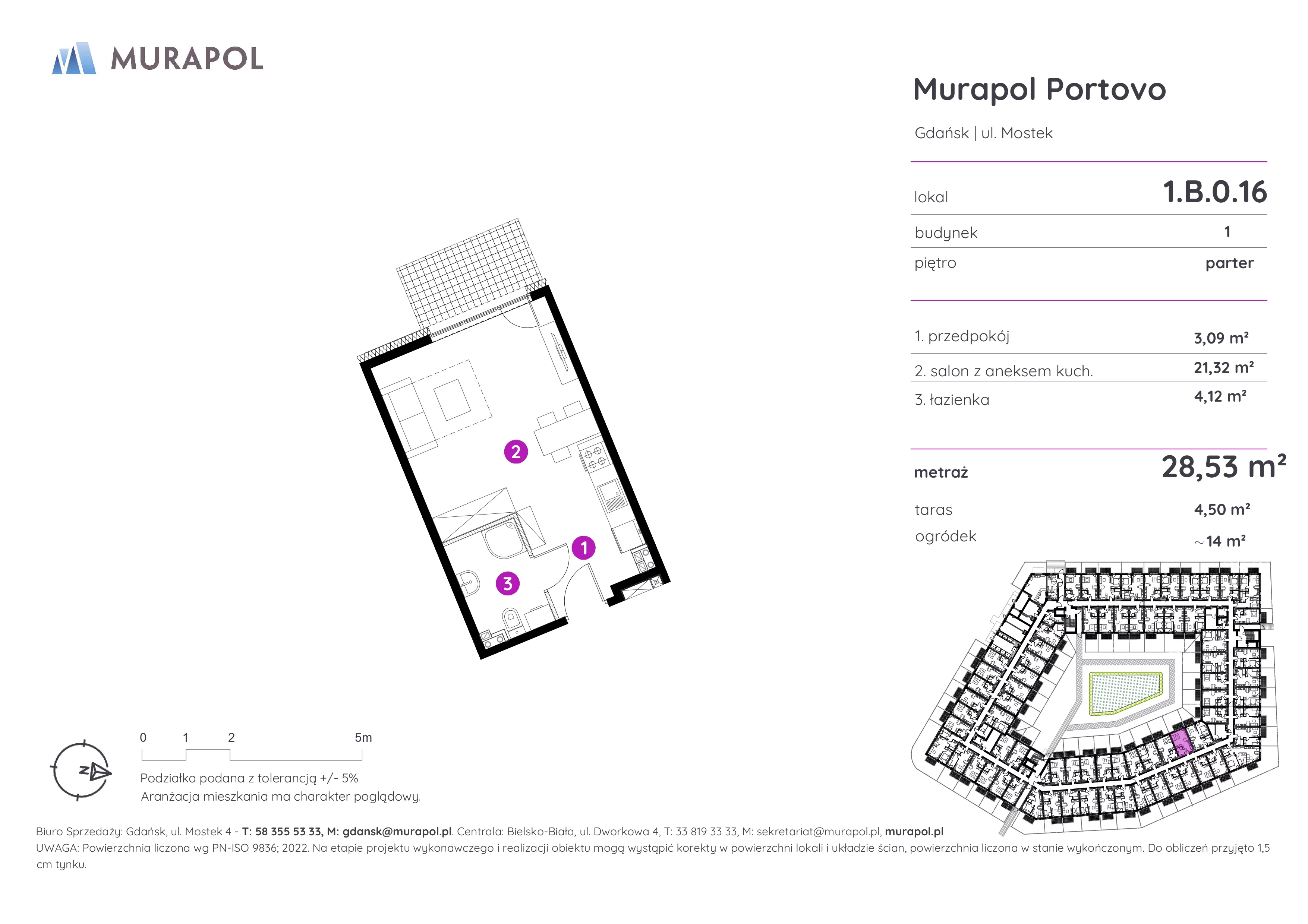 Apartament inwestycyjny 28,53 m², parter, oferta nr 1.B.0.16, Murapol Portovo, Gdańsk, Śródmieście, ul. Mostek