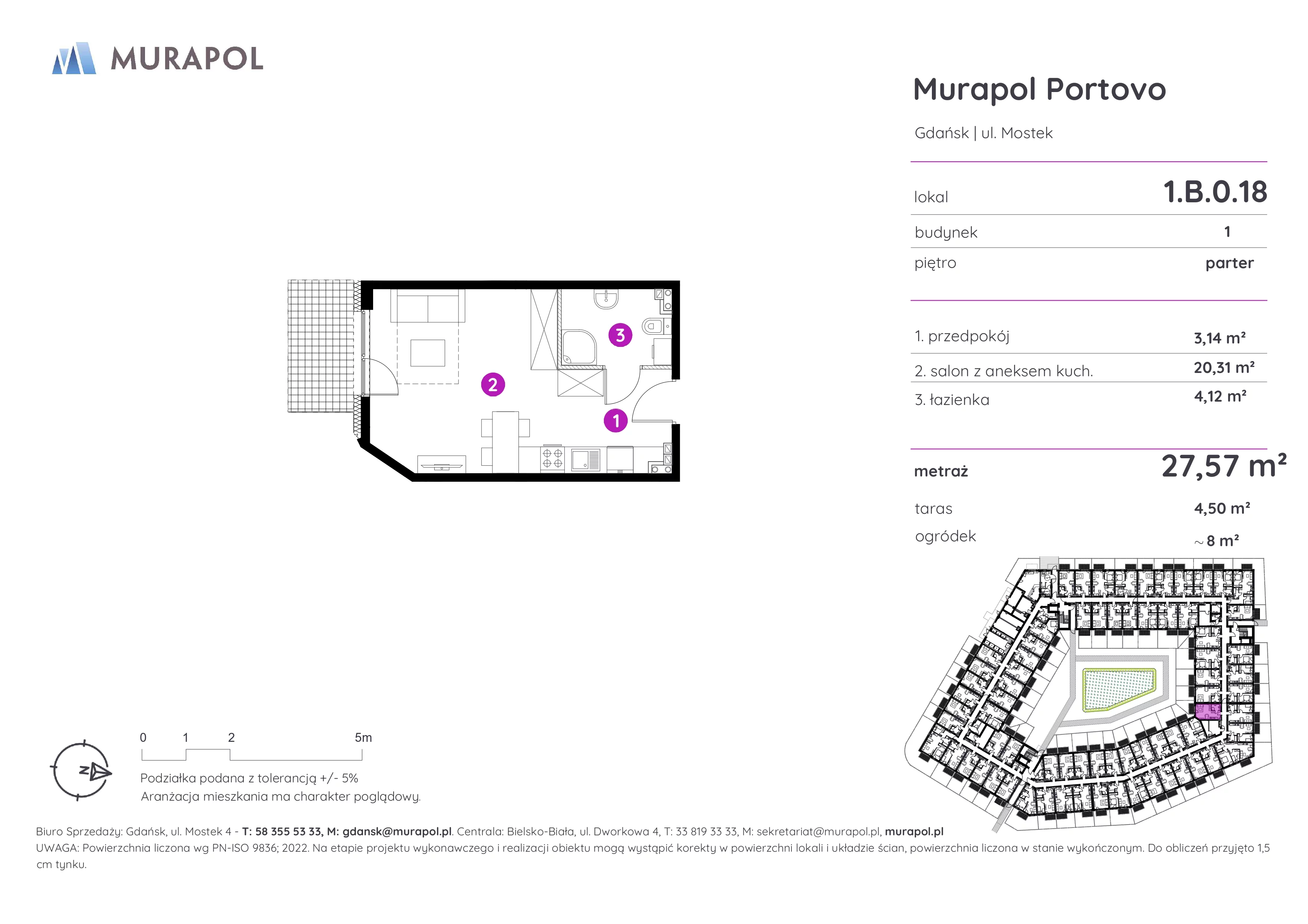 Apartament inwestycyjny 27,57 m², parter, oferta nr 1.B.0.18, Murapol Portovo, Gdańsk, Śródmieście, ul. Mostek