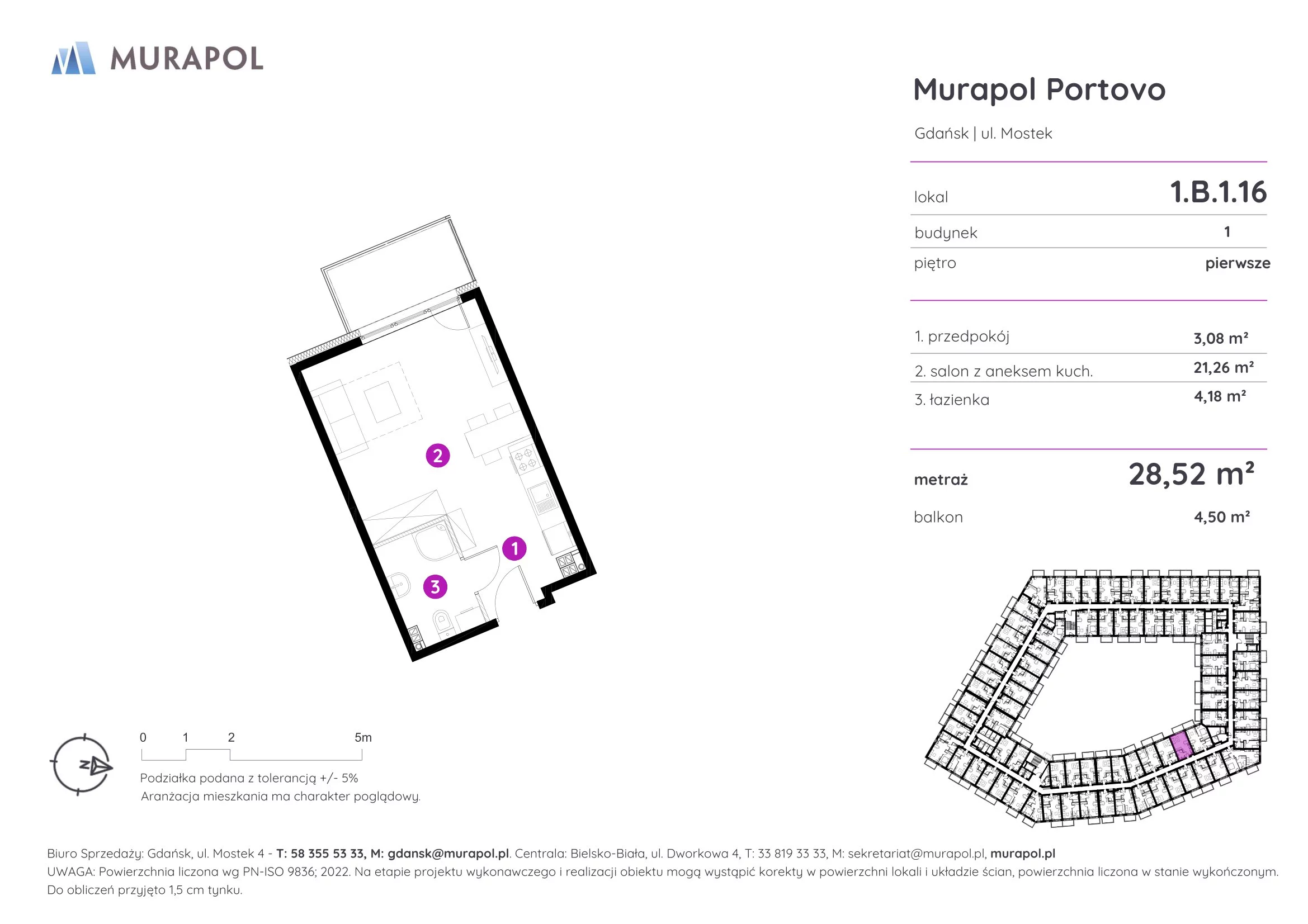 Apartament inwestycyjny 28,52 m², piętro 1, oferta nr 1.B.1.16, Murapol Portovo, Gdańsk, Śródmieście, ul. Mostek