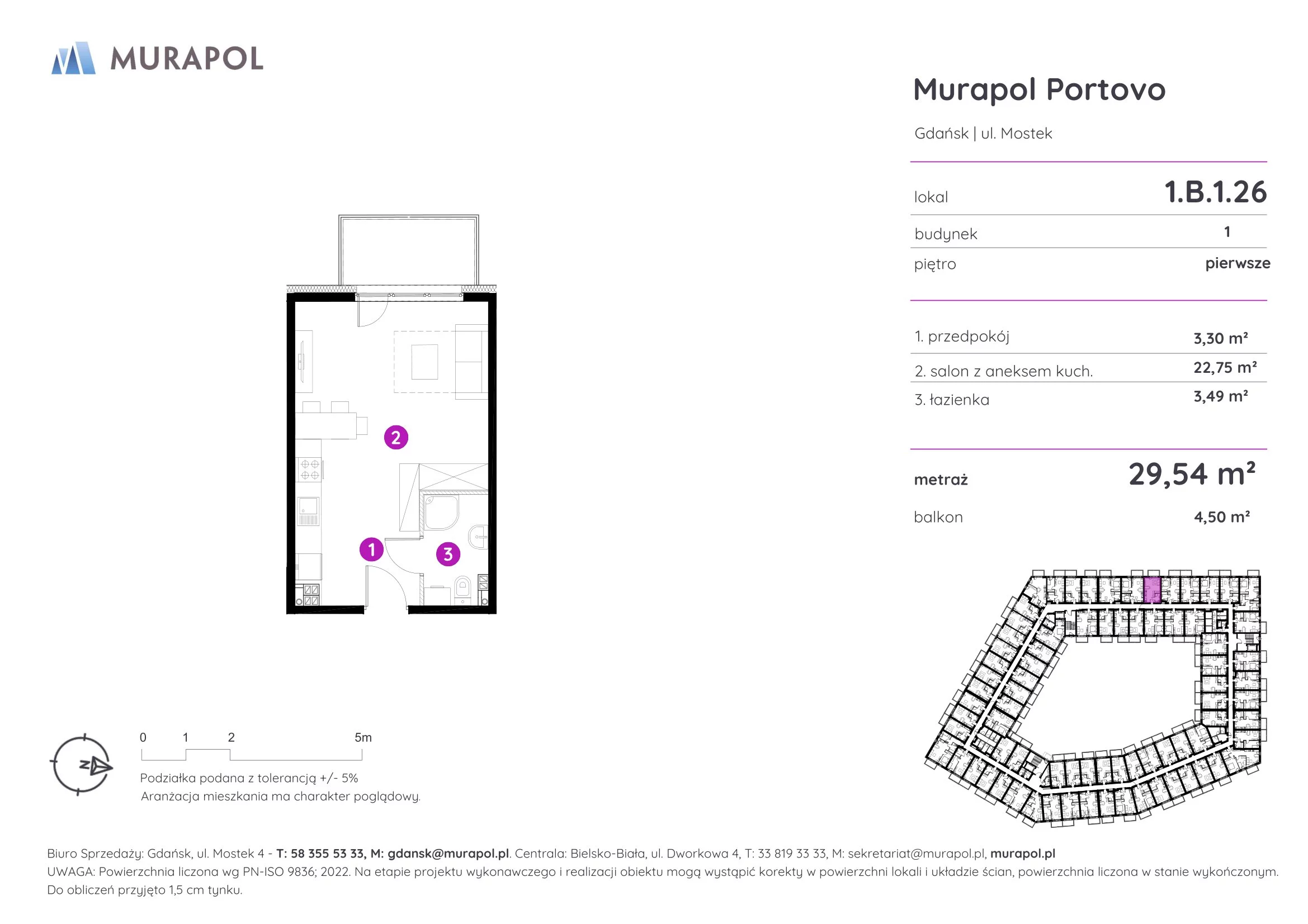 Apartament inwestycyjny 29,54 m², piętro 1, oferta nr 1.B.1.26, Murapol Portovo, Gdańsk, Śródmieście, ul. Mostek