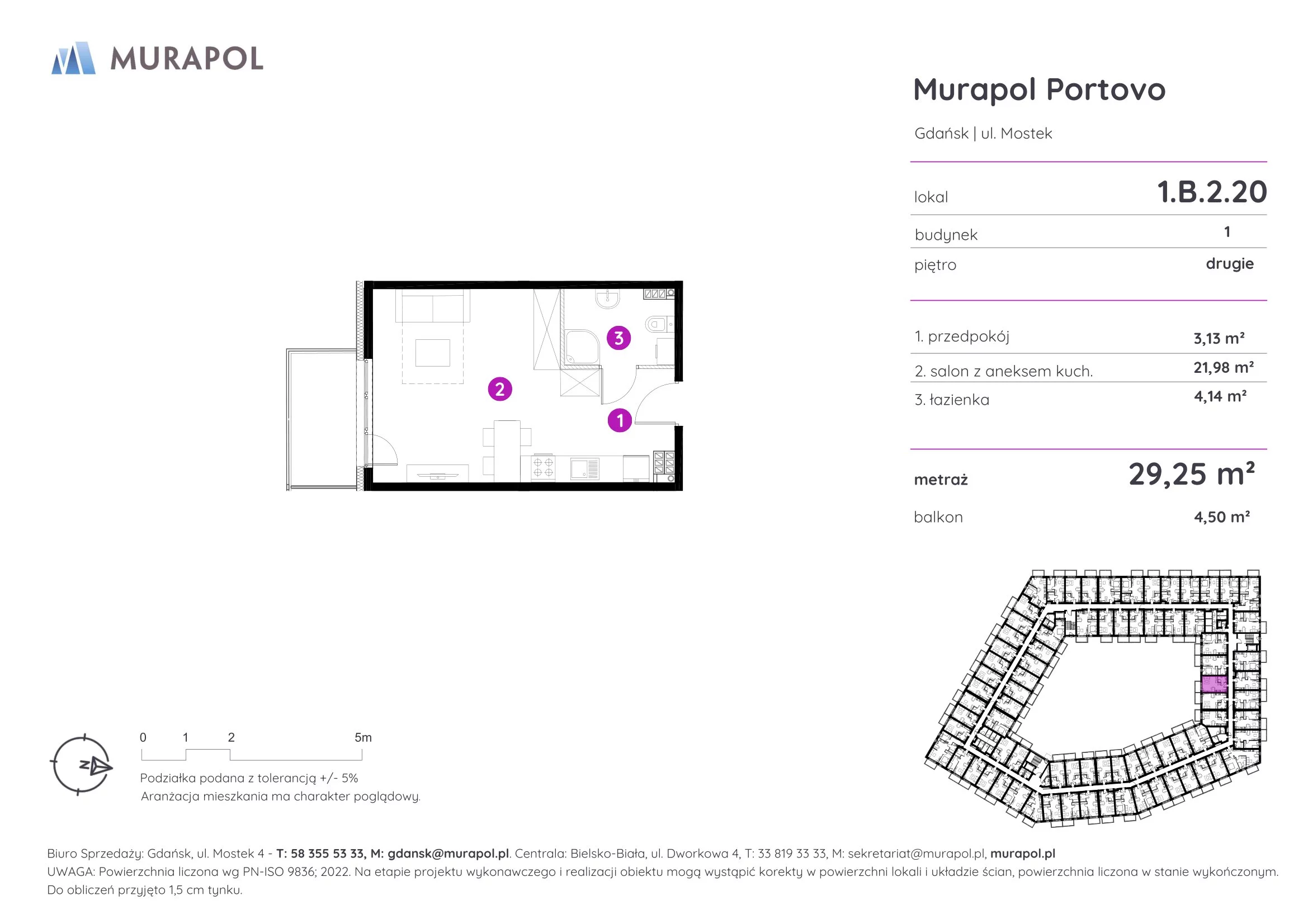 Apartament inwestycyjny 29,25 m², piętro 2, oferta nr 1.B.2.20, Murapol Portovo, Gdańsk, Śródmieście, ul. Mostek