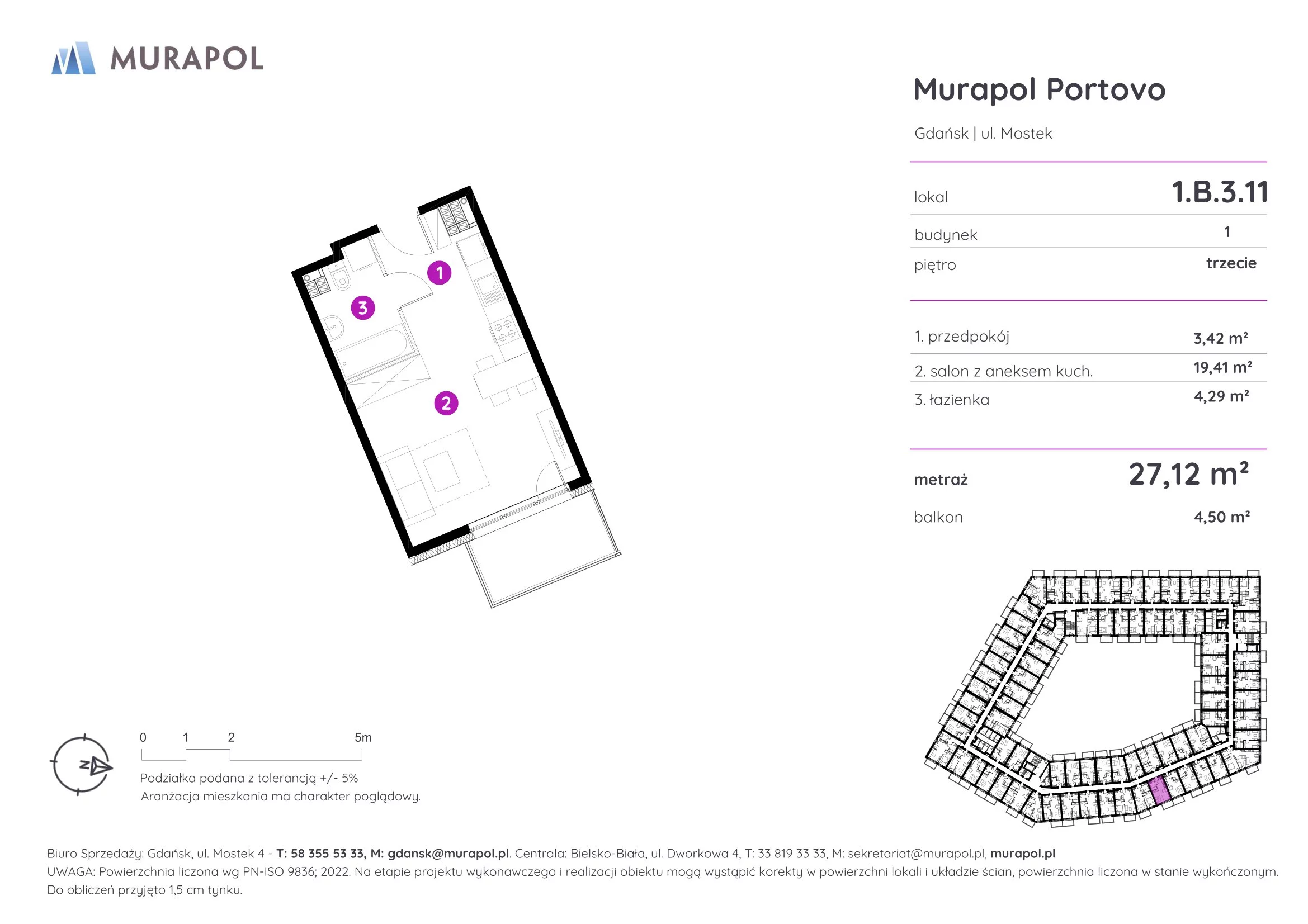 Apartament inwestycyjny 27,12 m², piętro 3, oferta nr 1.B.3.11, Murapol Portovo, Gdańsk, Śródmieście, ul. Mostek