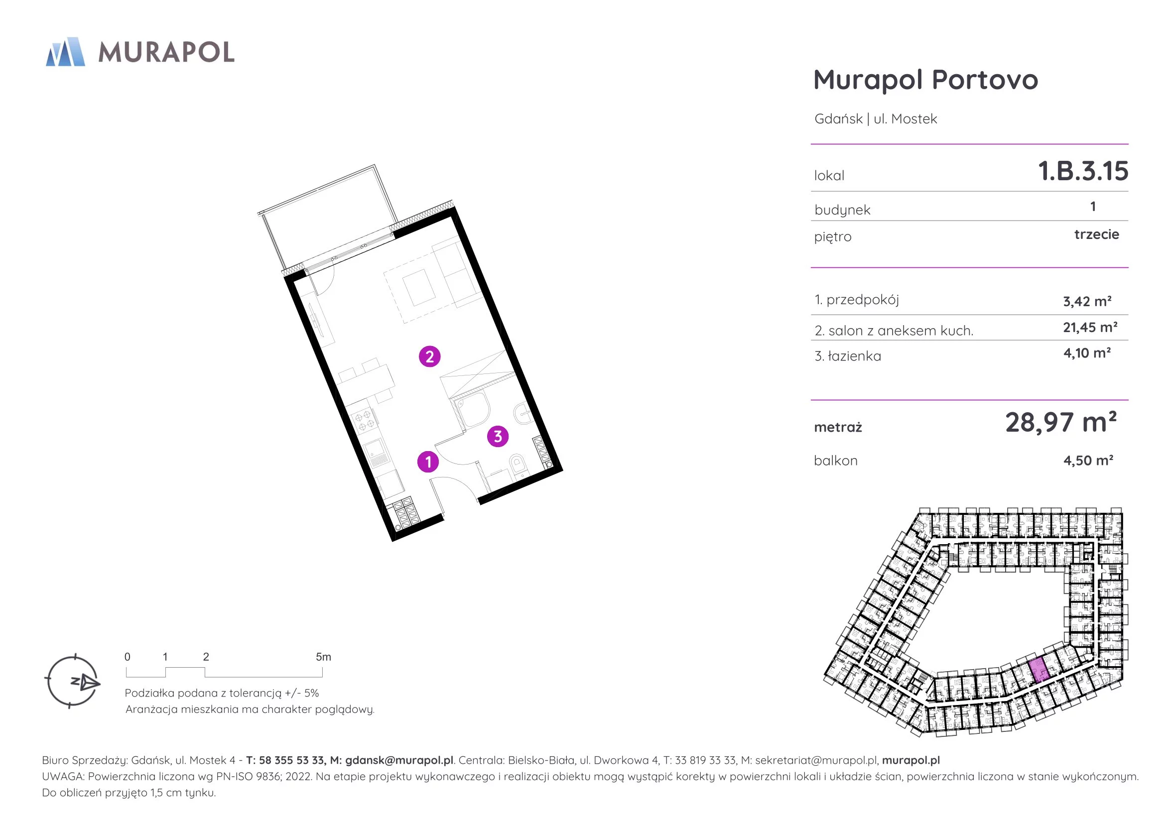 Apartament inwestycyjny 28,97 m², piętro 3, oferta nr 1.B.3.15, Murapol Portovo, Gdańsk, Śródmieście, ul. Mostek