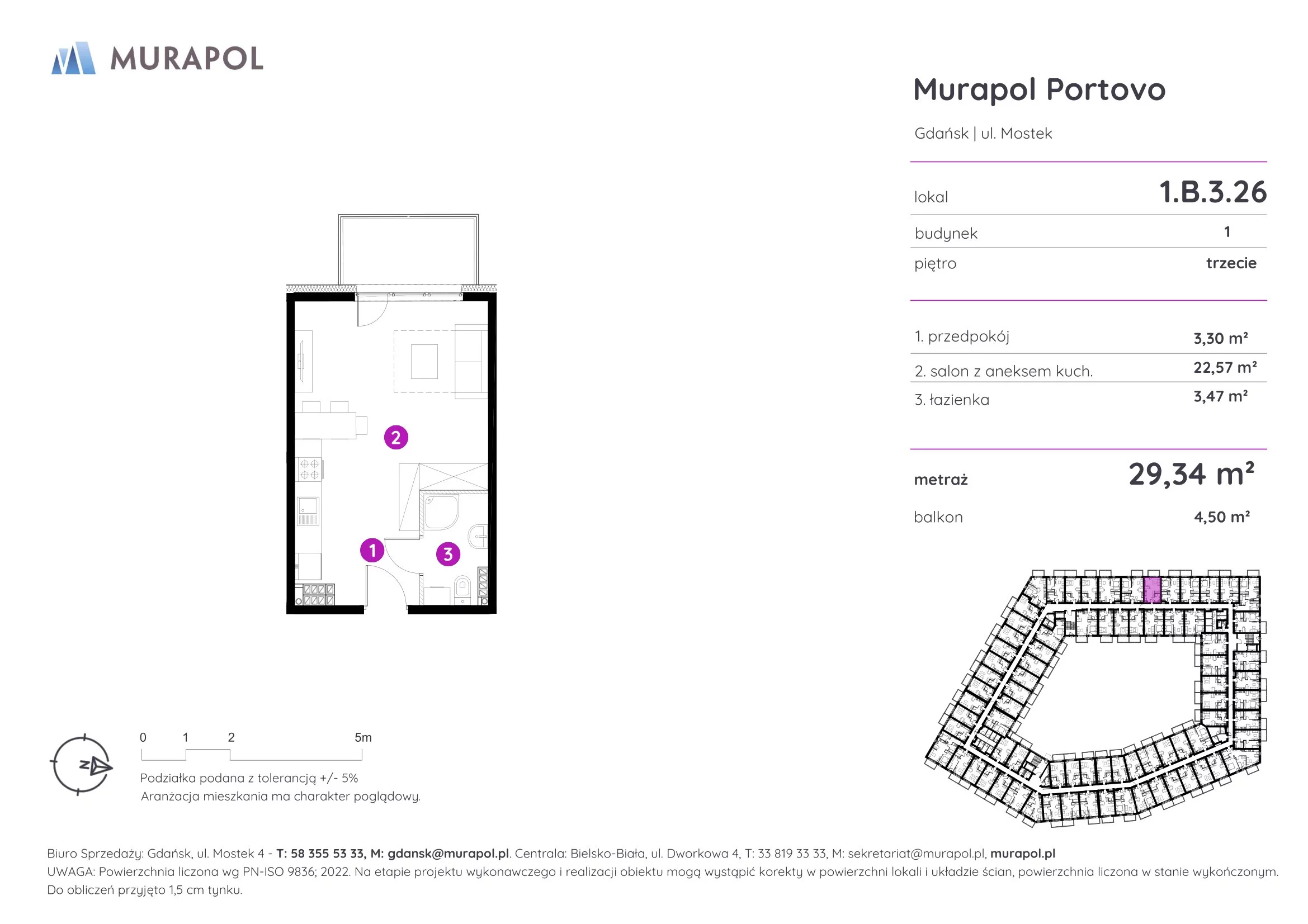 Apartament inwestycyjny 29,34 m², piętro 3, oferta nr 1.B.3.26, Murapol Portovo, Gdańsk, Śródmieście, ul. Mostek