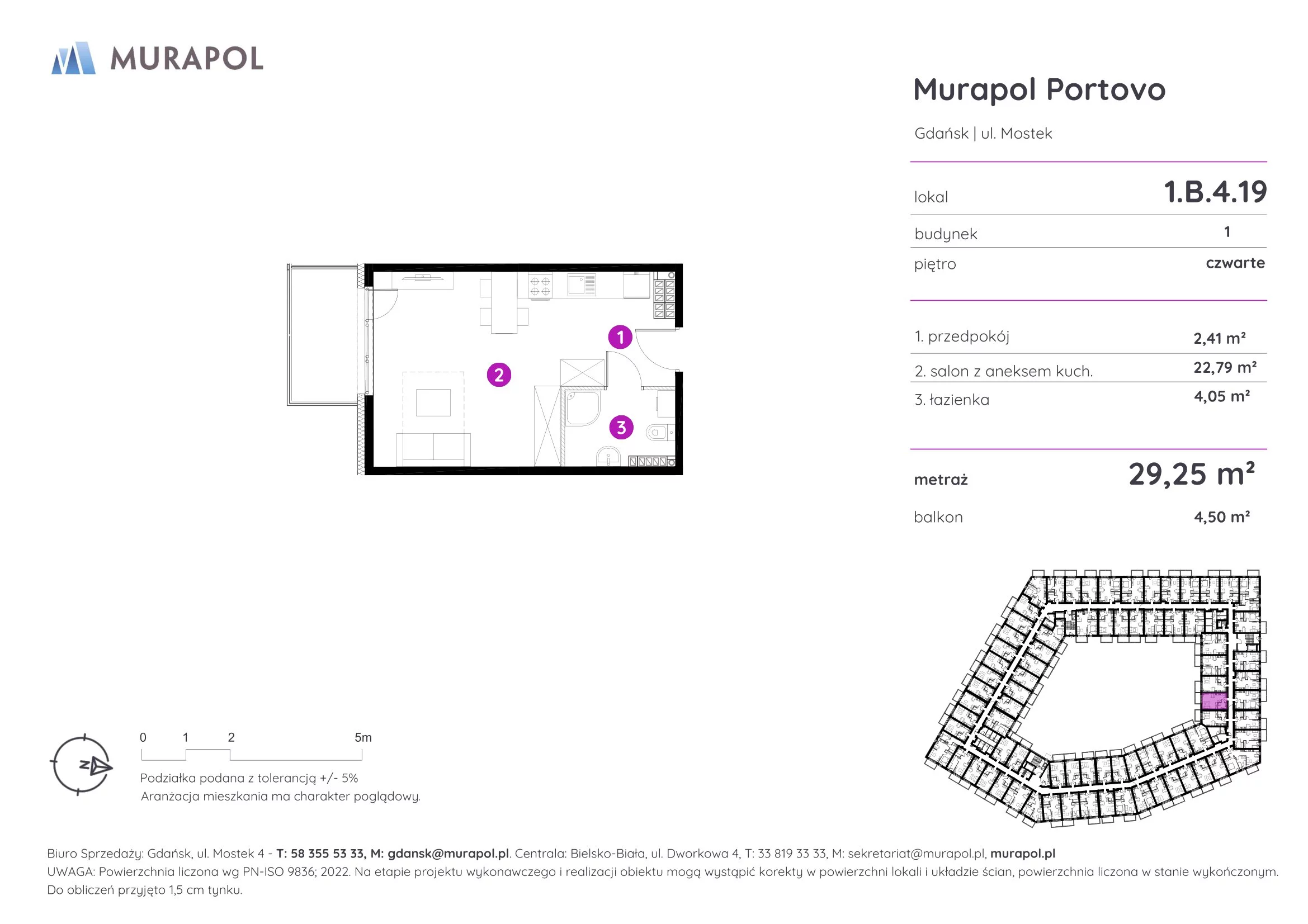 Apartament inwestycyjny 29,25 m², piętro 4, oferta nr 1.B.4.19, Murapol Portovo, Gdańsk, Śródmieście, ul. Mostek