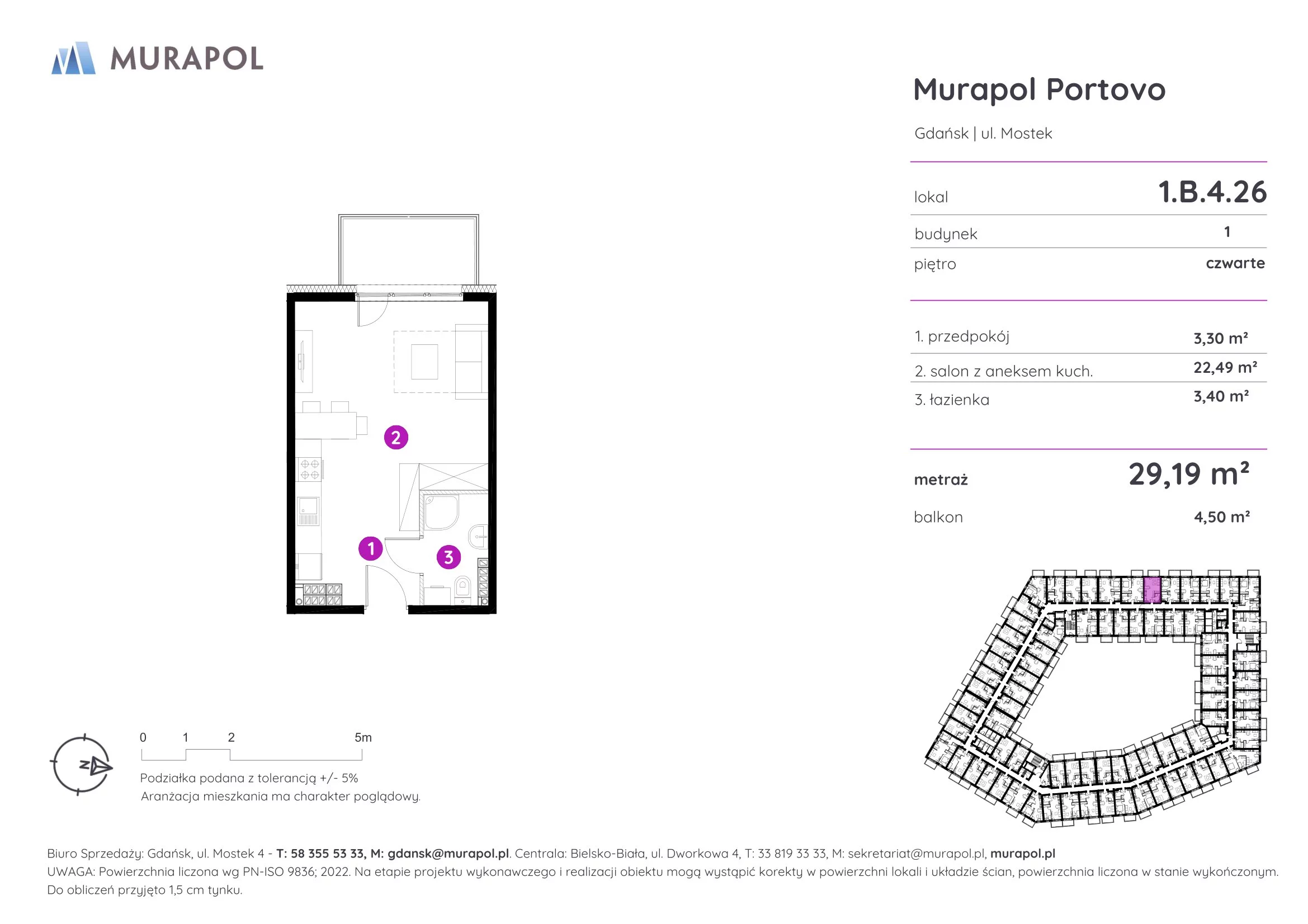 Apartament inwestycyjny 29,19 m², piętro 4, oferta nr 1.B.4.26, Murapol Portovo, Gdańsk, Śródmieście, ul. Mostek