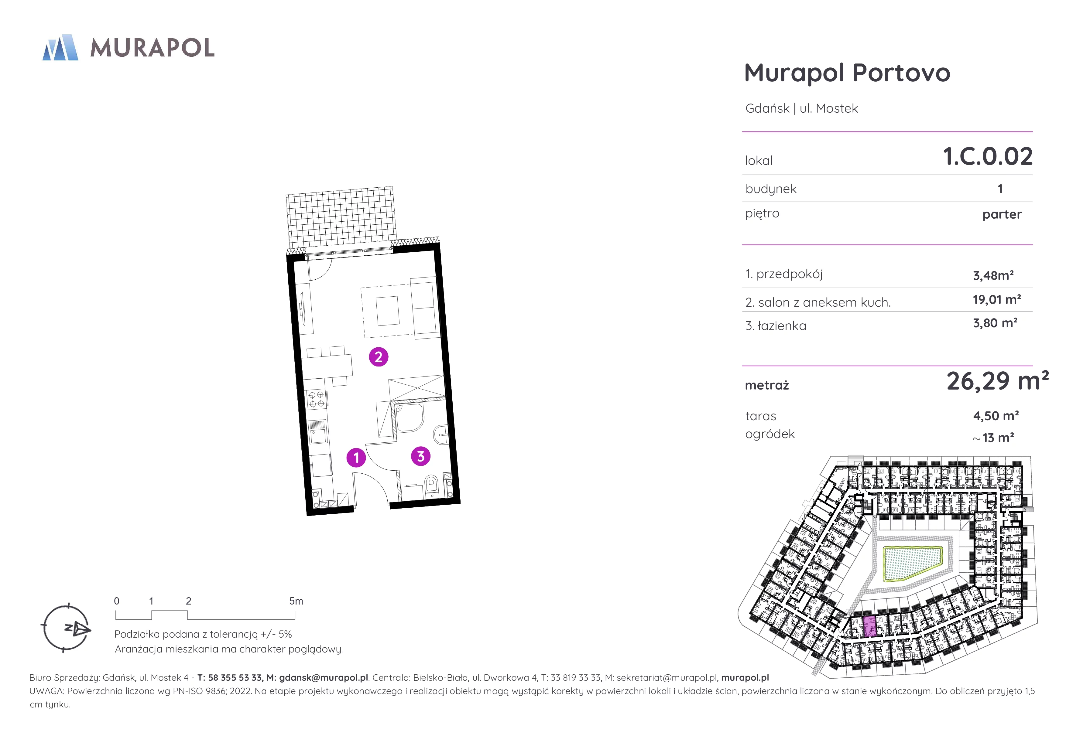 Mieszkanie 26,29 m², parter, oferta nr 1.C.0.02, Murapol Portovo, Gdańsk, Śródmieście, ul. Mostek