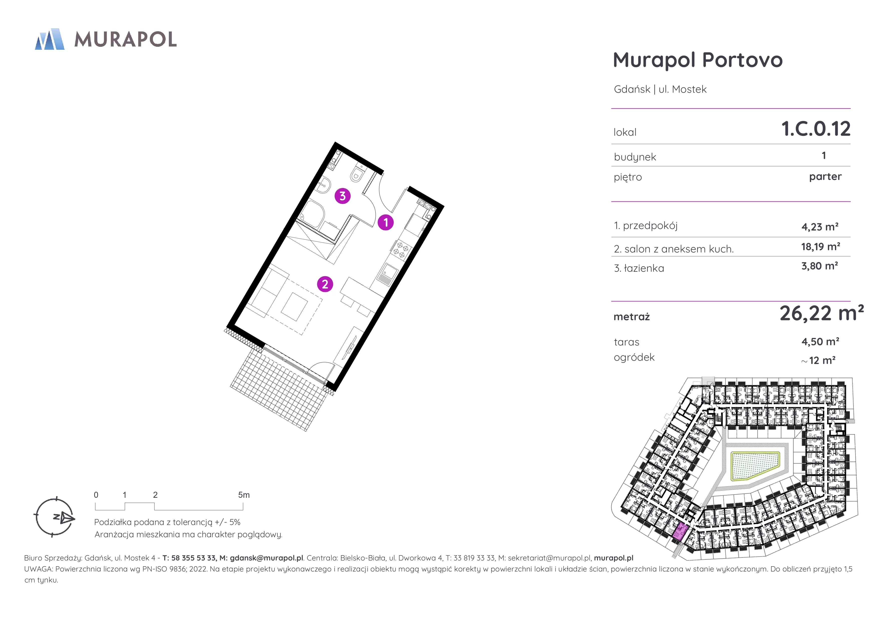 Mieszkanie 26,22 m², parter, oferta nr 1.C.0.12, Murapol Portovo, Gdańsk, Śródmieście, ul. Mostek