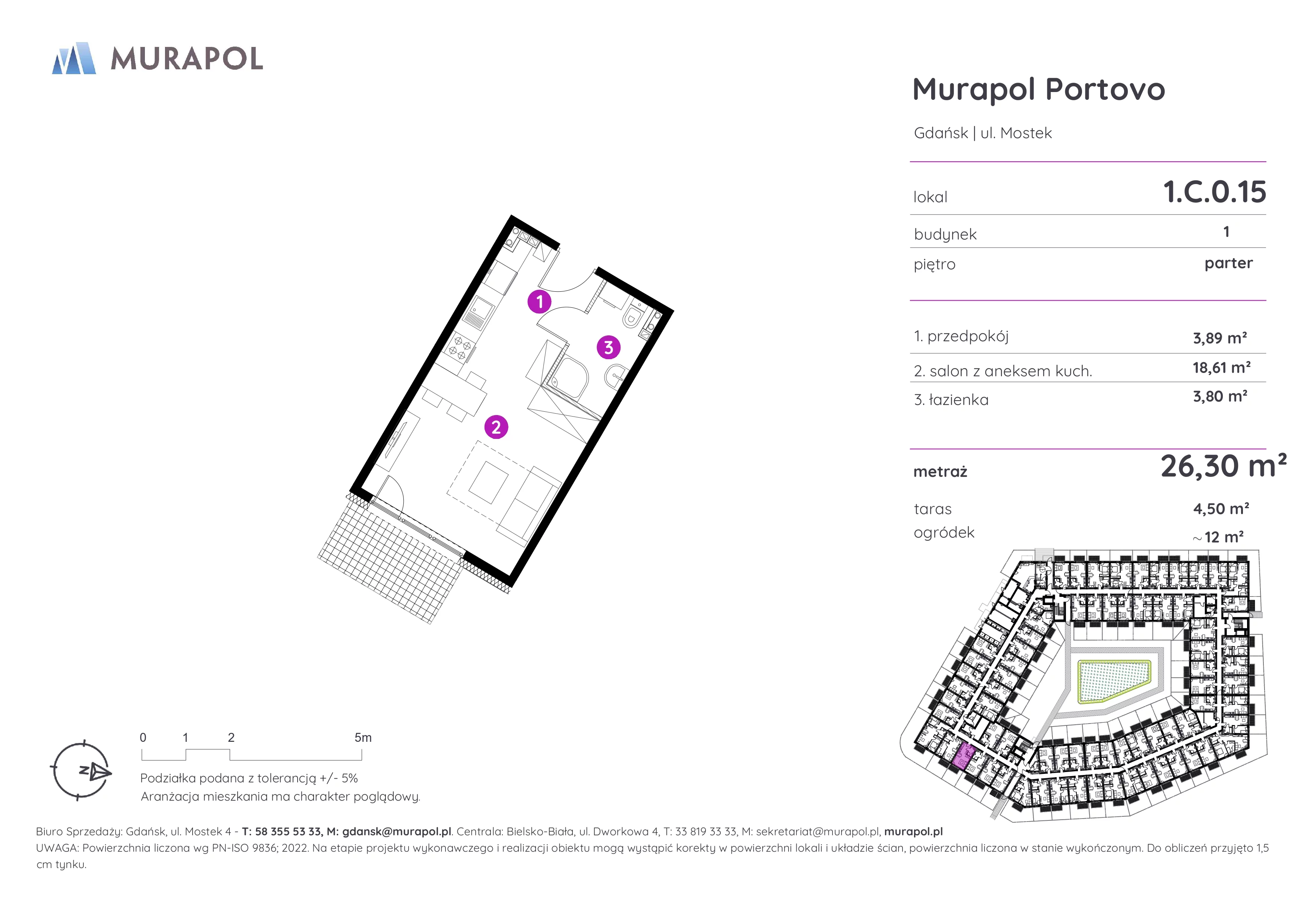 Mieszkanie 26,30 m², parter, oferta nr 1.C.0.15, Murapol Portovo, Gdańsk, Śródmieście, ul. Mostek