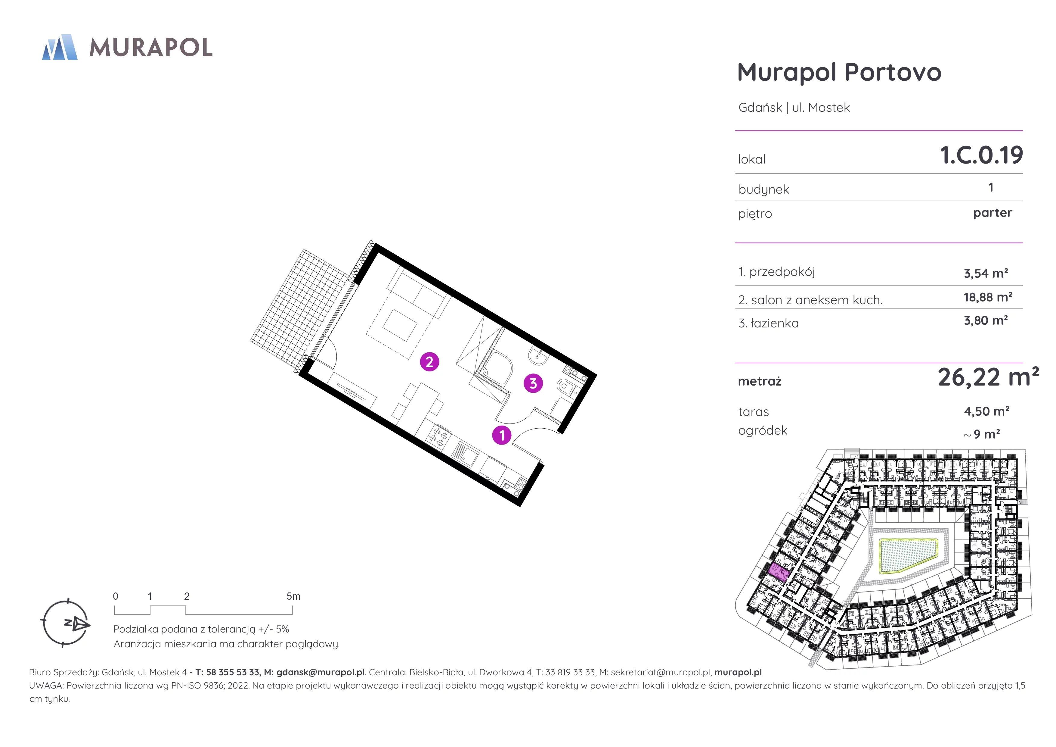 Mieszkanie 26,22 m², parter, oferta nr 1.C.0.19, Murapol Portovo, Gdańsk, Śródmieście, ul. Mostek