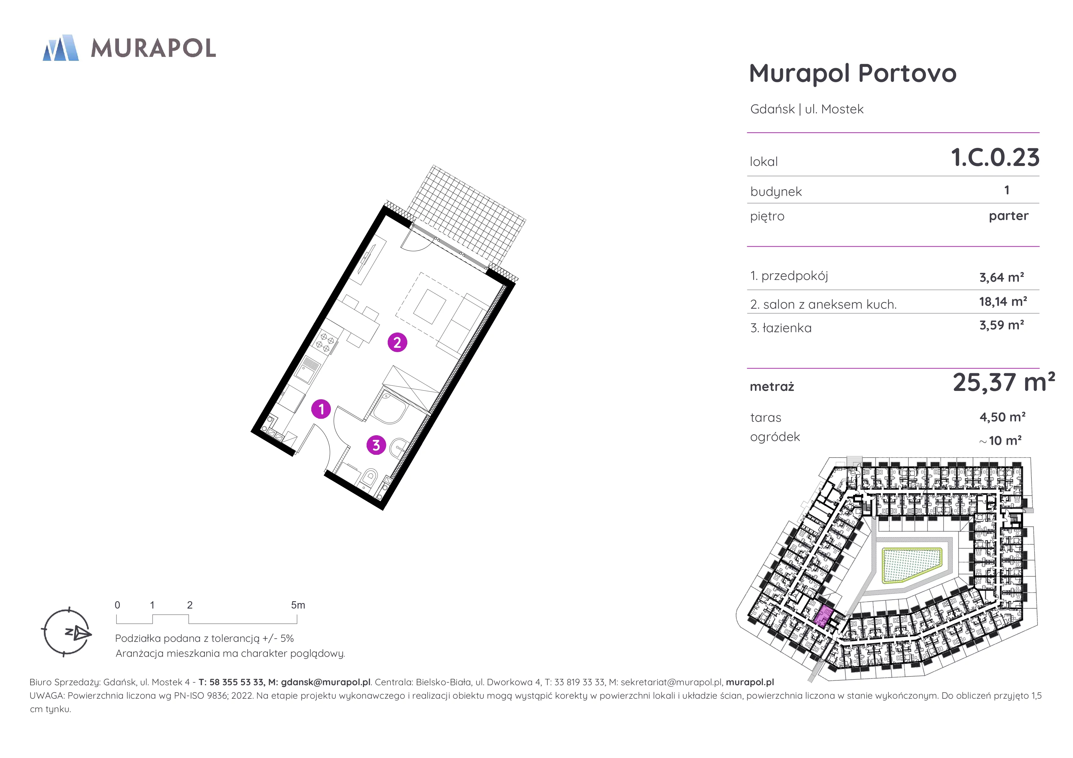 Mieszkanie 25,37 m², parter, oferta nr 1.C.0.23, Murapol Portovo, Gdańsk, Śródmieście, ul. Mostek