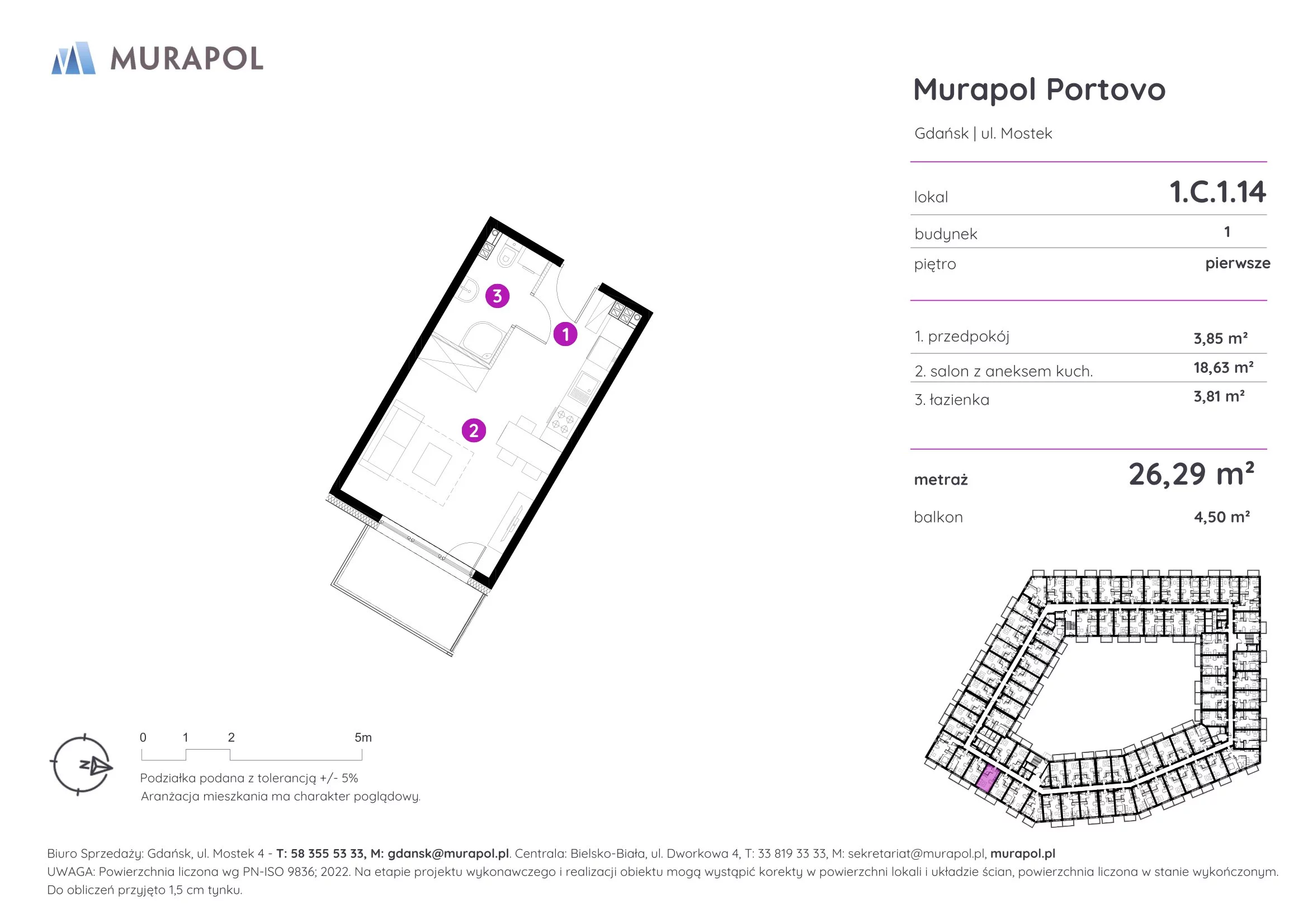 Mieszkanie 26,29 m², piętro 1, oferta nr 1.C.1.14, Murapol Portovo, Gdańsk, Śródmieście, ul. Mostek